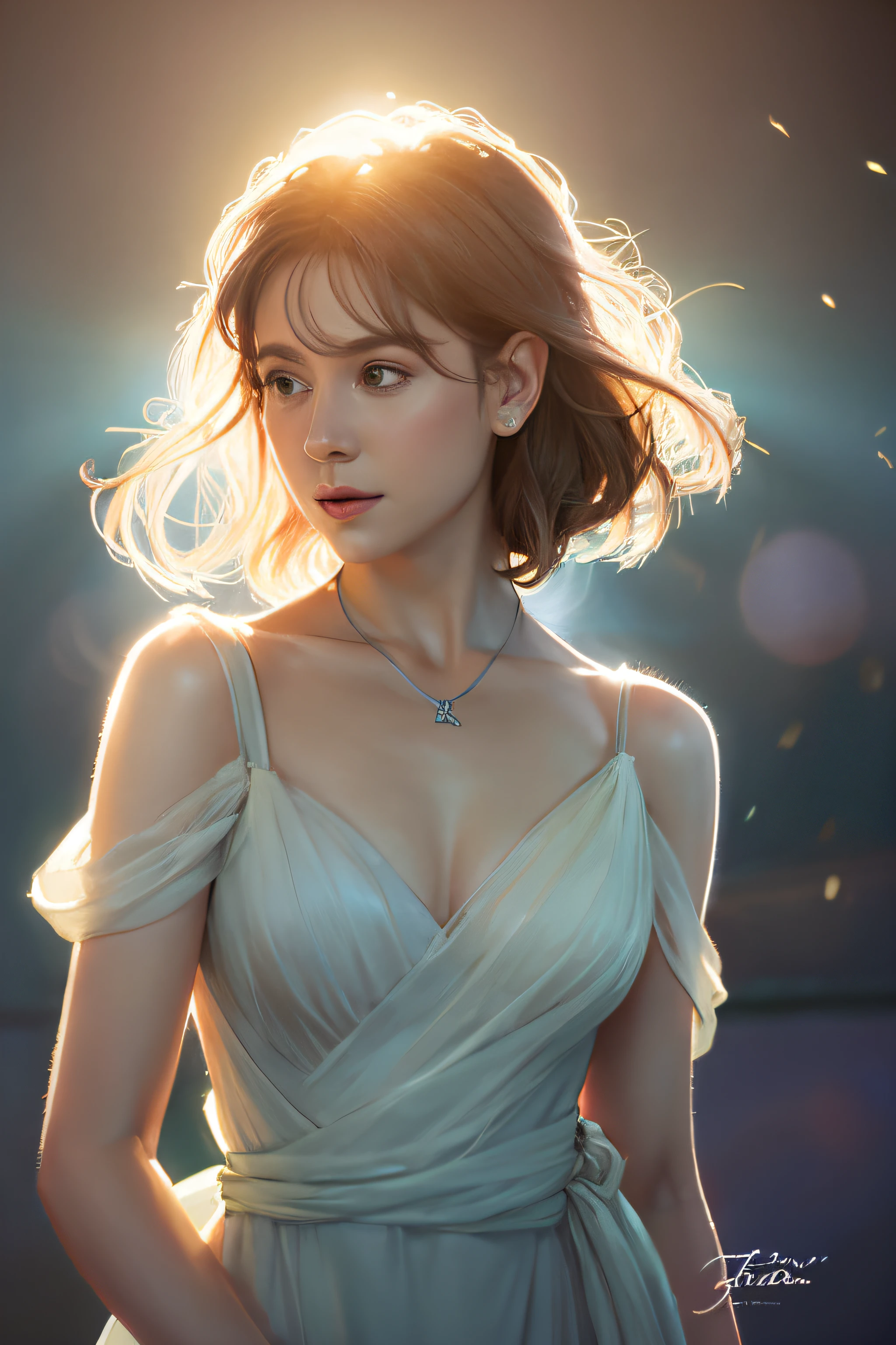 Female Elf Waist Shot, Convoluted, Slender face, Elegant, Wearing a sapphire necklace, White light dress with strap, Facing Camera, Highly detailed, Digital Painting, art  stations, Concept art, Smooth, Sharp Focus, Illustration, art by artgerm and greg rutkowski and alphonse mucha, 8K, Volumetric fog, bloom, llight rays, lumen, Crank bokeh