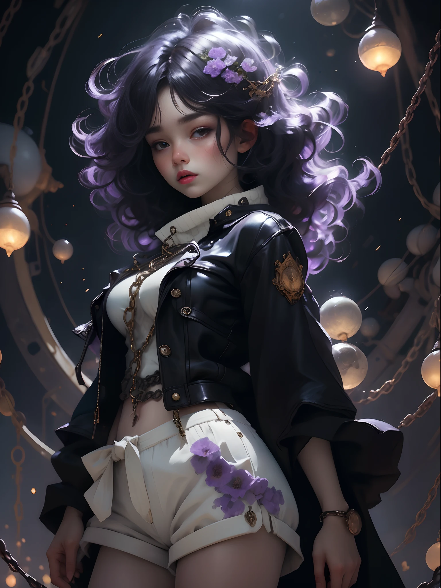 (1girl:1.3),solo,__body-parts__, official art, 8k unit wallpaper, ultra detailed, close-up on face, beautiful and aesthetic, gorgeous, masterpiece, best quality, fantastic atmosphere, calming palette, quiet mood, soft shading, priestess Miko, charm spell, family talisman, priestess duties, dark aesthetic, suit and tie with black leather shorts with many chains around the body and a black leather jacket,  Tokyo city in the background, (messy short purple hair),