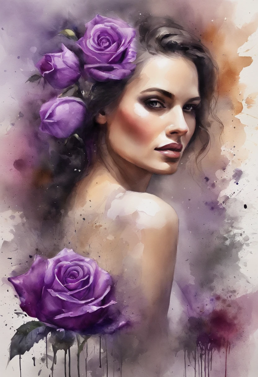 a woman with a Purple rose painting with a splatter background and spray paint effect, by Eugeniusz Zak, watercolor art, by Károly Lotz, watercolor painting, watercolor painting style, watercolor detailed art, by Reuben Tam, watercolor digital painting, watercolor paint, masterfully detailed watercolor, watercolor art, Grzegorz Rutkowski