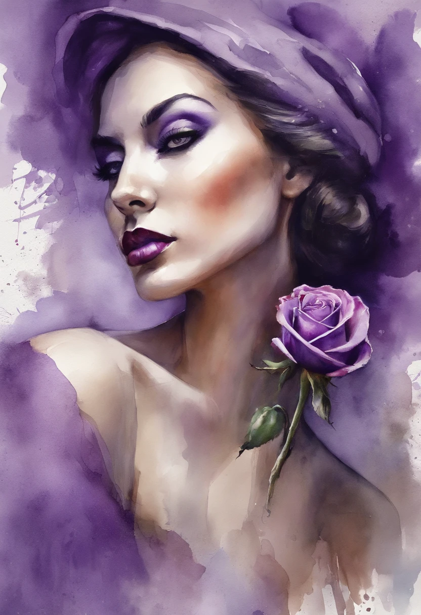 a woman with a Purple rose painting with a splatter background and spray paint effect, by Eugeniusz Zak, watercolor art, by Károly Lotz, watercolor painting, watercolor painting style, watercolor detailed art, by Reuben Tam, watercolor digital painting, watercolor paint, masterfully detailed watercolor, watercolor art, Grzegorz Rutkowski