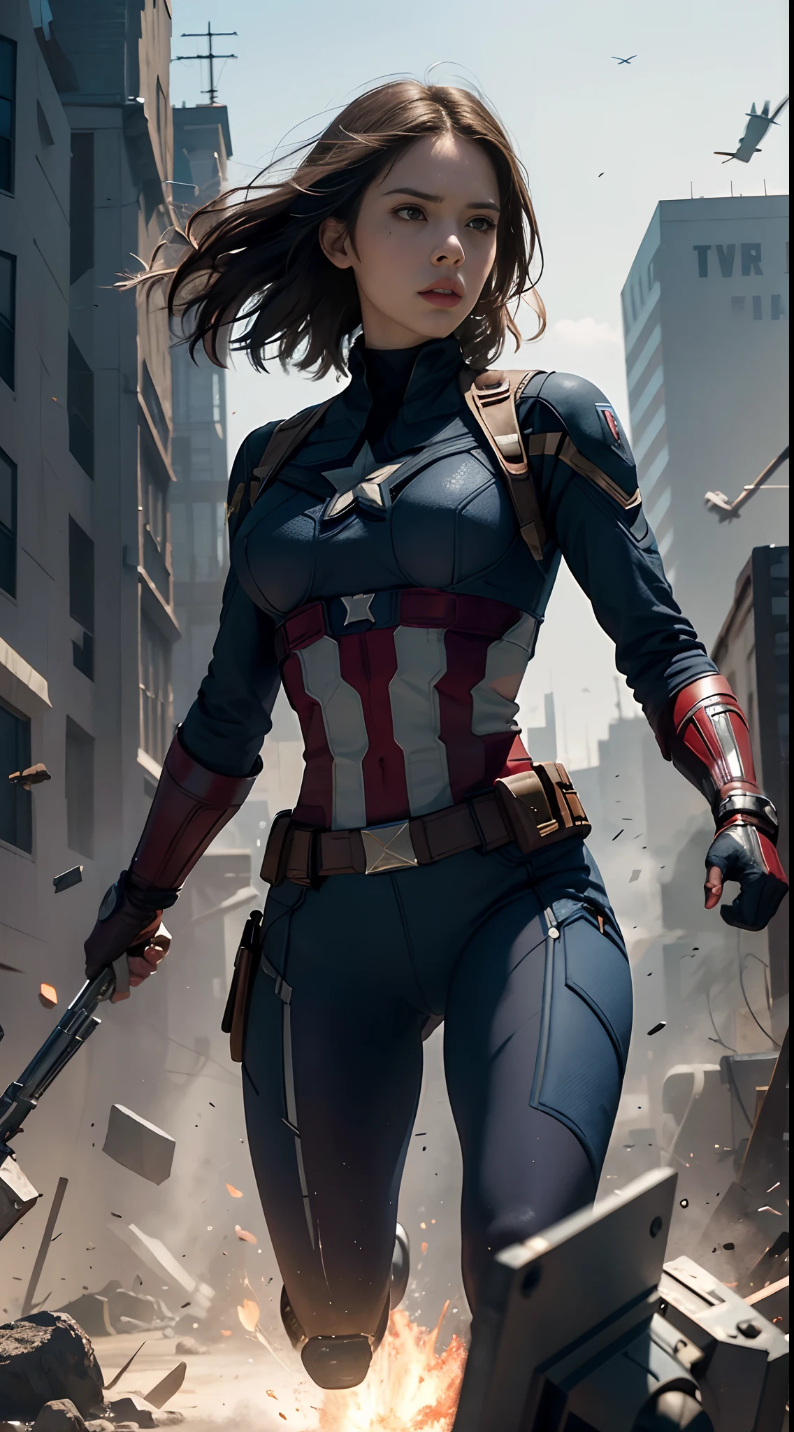 1girl, full body shot, Haley atwell as Captain America (from MCU), ((wearing Captain America suit)), look at viewer, dynamic pose, (random angles), (masterpiece, best quality, detailed cloth texture, beautiful detailed face, intricate details, ultra detailed), curly black hair, short hair, (growling), jump, crumbling debris,epic battle,shattered glass,flying debris,studio lighting,colorful comic book style,superhero action,shadow and light interplay,contrasting colors,emotive art style, (Best quality, A high resolution, Photorealistic, primitive, 8K,Masterpiece, ),Best quality, Masterpiec8K.hdr. High ribs:1.2, filmgrain, Blur bokeh:1.2, Lens flare, (vivd colour:1.2), (Delicate),