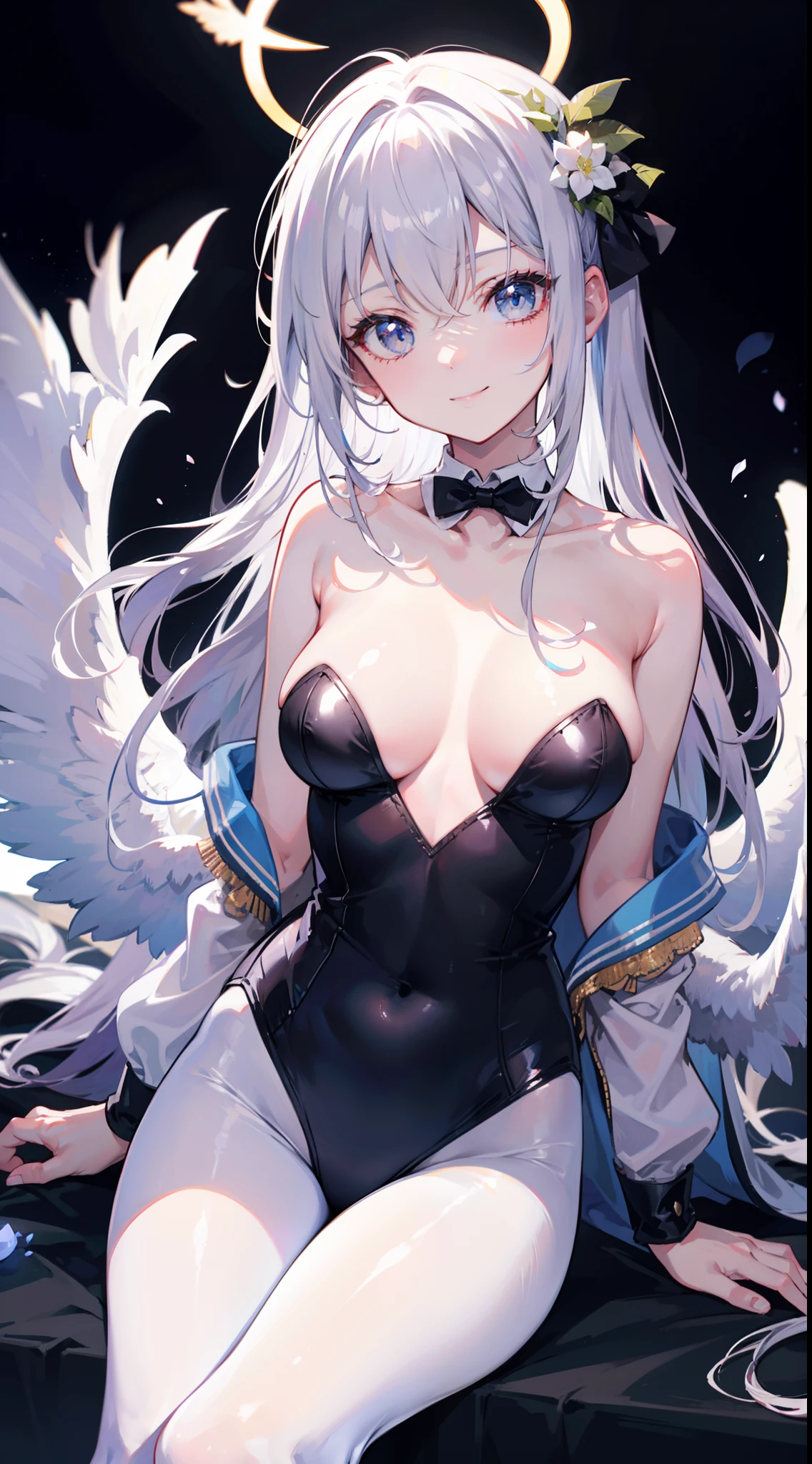 Light smile, 8K, Best quality, boobs,white long hair,black pantyhose,bunny girl clothes.wings,halo,azusa