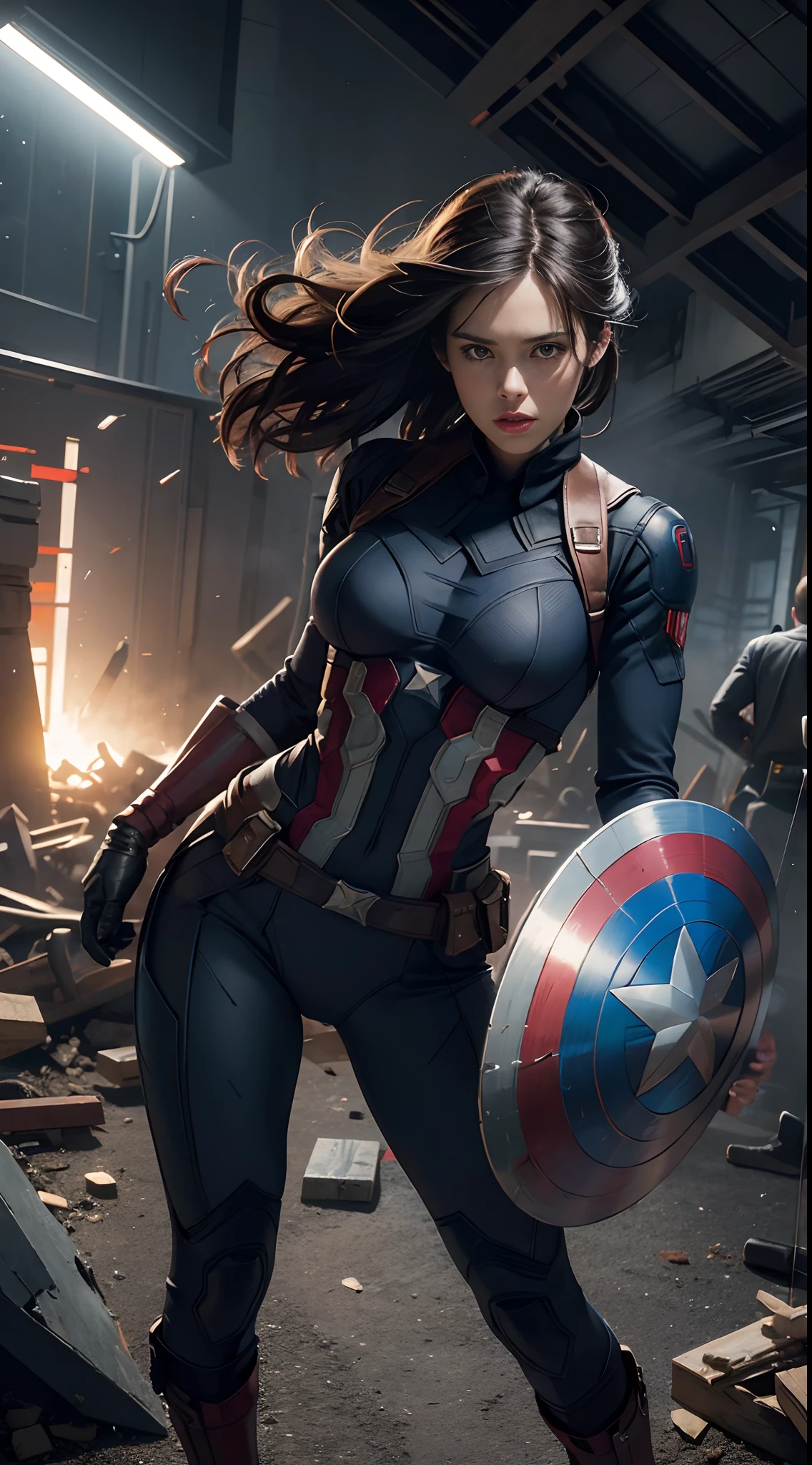 1girl, full body shot, Haley atwell as Captain America (from MCU), ((wearing Captain America suit)), look at viewer, dynamic pose, (random angles), (masterpiece, best quality, detailed cloth texture, beautiful detailed face, intricate details, ultra detailed), curly black hair, short hair, (growling), jump, crumbling debris,epic battle,shattered glass,flying debris,studio lighting,colorful comic book style,superhero action,shadow and light interplay,contrasting colors,emotive art style, (Best quality, A high resolution, Photorealistic, primitive, 8K,Masterpiece, ),Best quality, Masterpiec8K.hdr. High ribs:1.2, filmgrain, Blur bokeh:1.2, Lens flare, (vivd colour:1.2), (Delicate),