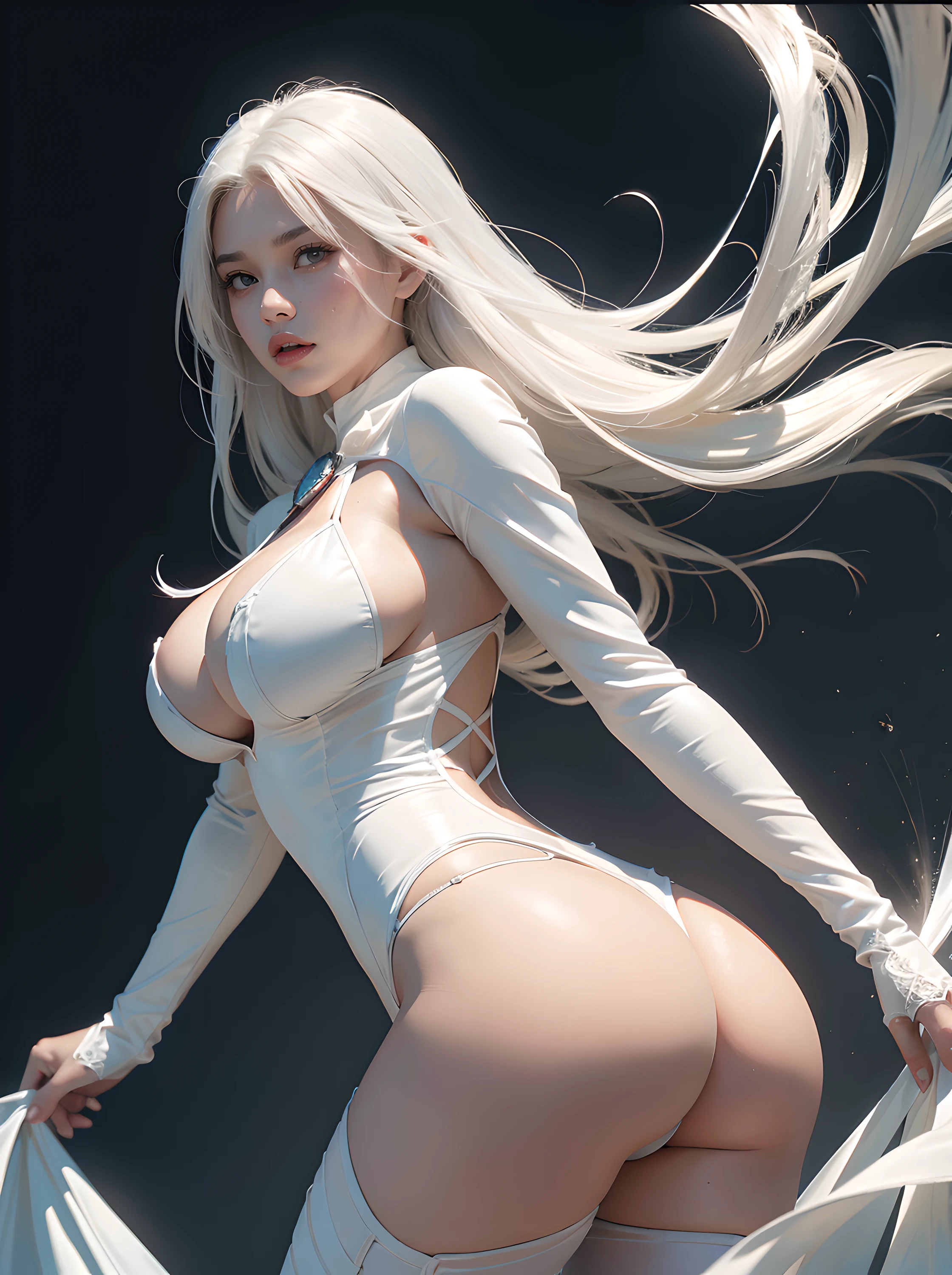 A 25-year-old girl with white hair in an elaborate Superman costume with long sleeves in white, covering the whole body, white capelet, big breastes, generous cleavage, White Superman Costume, Suit with white carbon fiber details, bent over (posing ass on display:1.2), (intricate details:0.9), (HDR, hyper-detailing:1.2), (natural skin textures, hyper realisitc, soft light, Sharp), Photos in RAW and 35mm format.dark radial background.