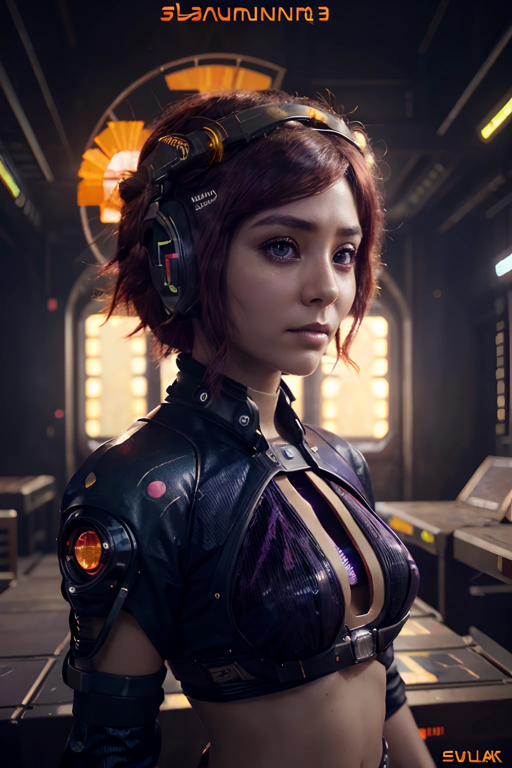 beautiful woman, red bioluminescent eyes, short purple hair sticking up like a flame, solaris vibe, (solarpunk:1.5) (breathtaking) . (concept art), award-winning, professional, highly detailed, (ethereal fantasy concept art) . painterly, epic, majestic, magical, fantasy art, cover art, dreamy, best quality