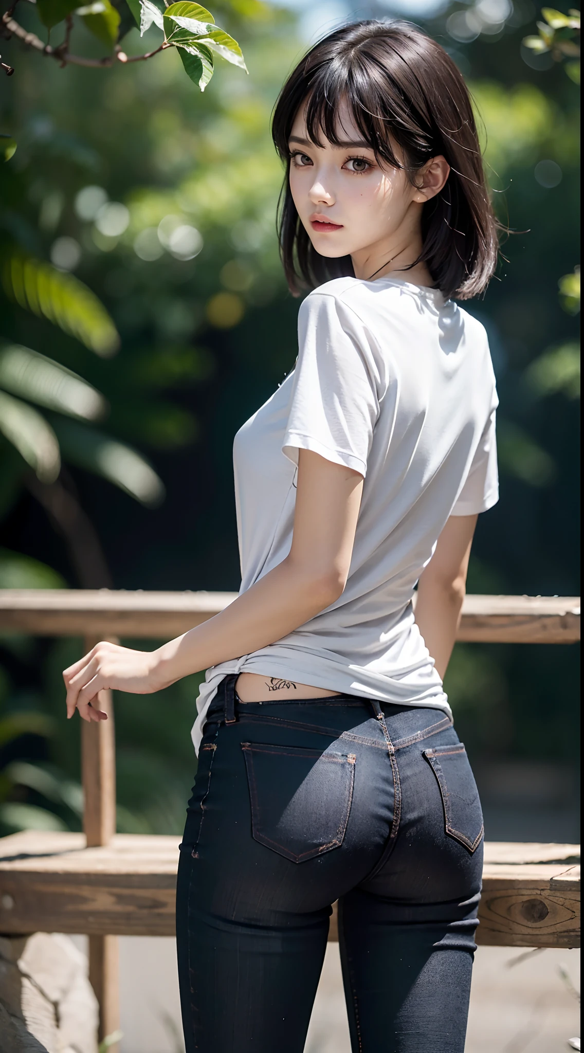 （超A high resolution，RAW Photos，8k,KHD，highest quality，masterpiece:1.5），（Intricate details，Realistically），One very beautiful woman, 30 years old, High resolution, Highly detailed face, (Professional Lighting，Bokeh），（Particles of light，Lens flare brilliance，Luminous Particles：0.6），Gentle soft lighting，Trendy atmosphere，Japanese，Street，Stylish side-wavy short hair，Bobohead， Brown haired, hair is delicate and soft，Spread your wings, Lips parted, mouth紅, Captivating smile, smile, mouth, teeth, There are small dimples，White Swan Neck，Shave your shoulders, Big Chest，（small，Golden ratio numbers），Please wear（Bluish gray）（Perfect fit，Slim fit，体にPerfect fit）Wearing a fashionable white shirt, (Wash Blue）（Fashion Jeans),（Attention to detail in the costumes:1.5）， double eyelid，Long eyelashes, Birthmark, (Mole under the eye: 1), Big breasts and small waist，Beautiful ass，Calves are balanced, Thinness:1.2，Small white and soft jade legs，Beautiful toes:1.5，Wear branded fashion sandals:1.0，（Boldness，Coquettish，Playful and beautiful poses，Raised to be sexy，Attractions），Female-centered focus photography，Focus on the hips and crotch，Wide lighting，Natural Shadows，Wide Wide Shot，Close Focus，Full body shot:1.8,Full body photo:1.8