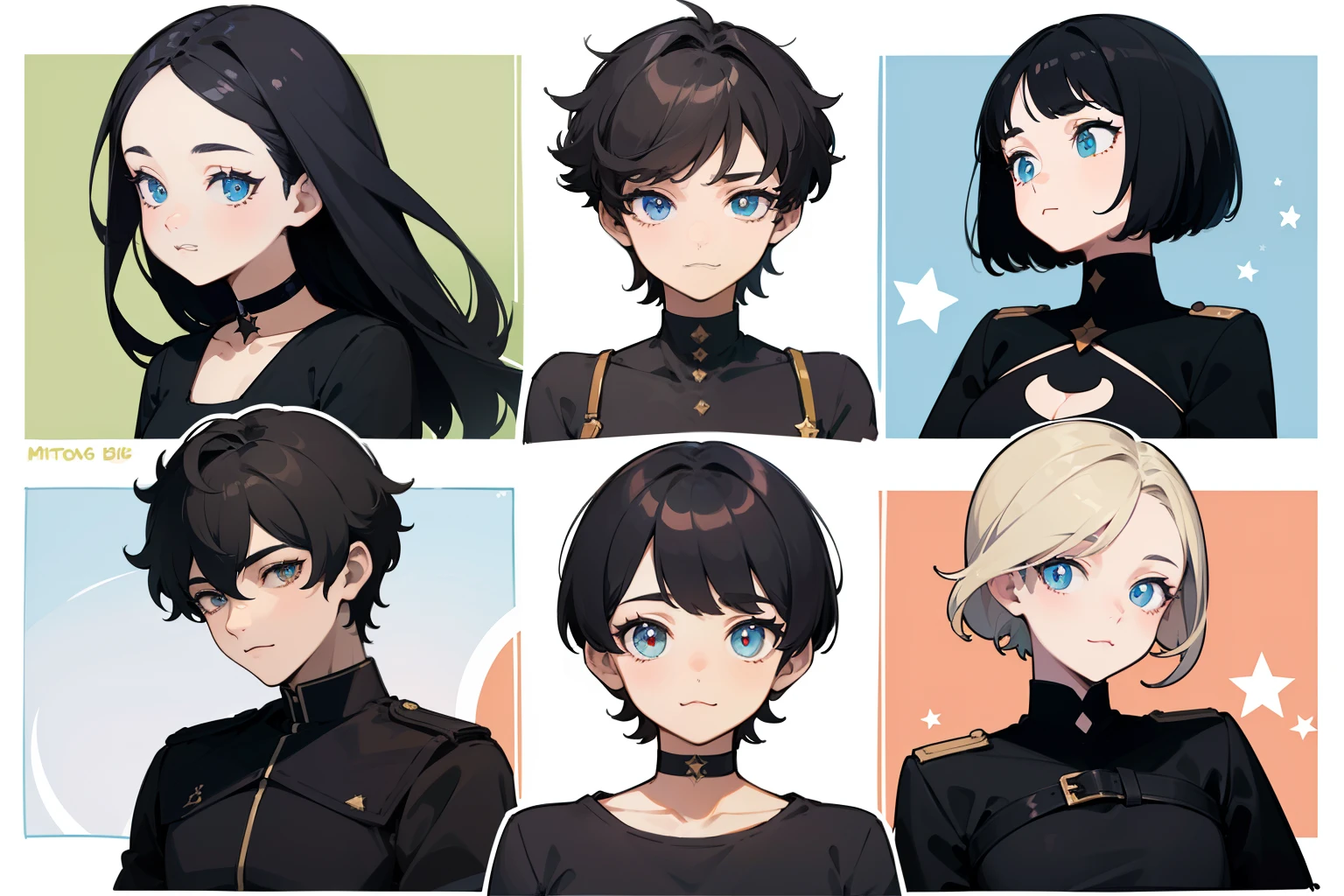 ((Masterpiece, Highest quality)), Detailed face, character sheets, full bodyesbian, Full of details, Multiple poses and expressions, Highly detailed, Depth, Many parts, 1boys , Children all over the body :3, Black crop top, mitts, Stockings, Black choker, The eye, Star (symbol), pupils in symbol shapes