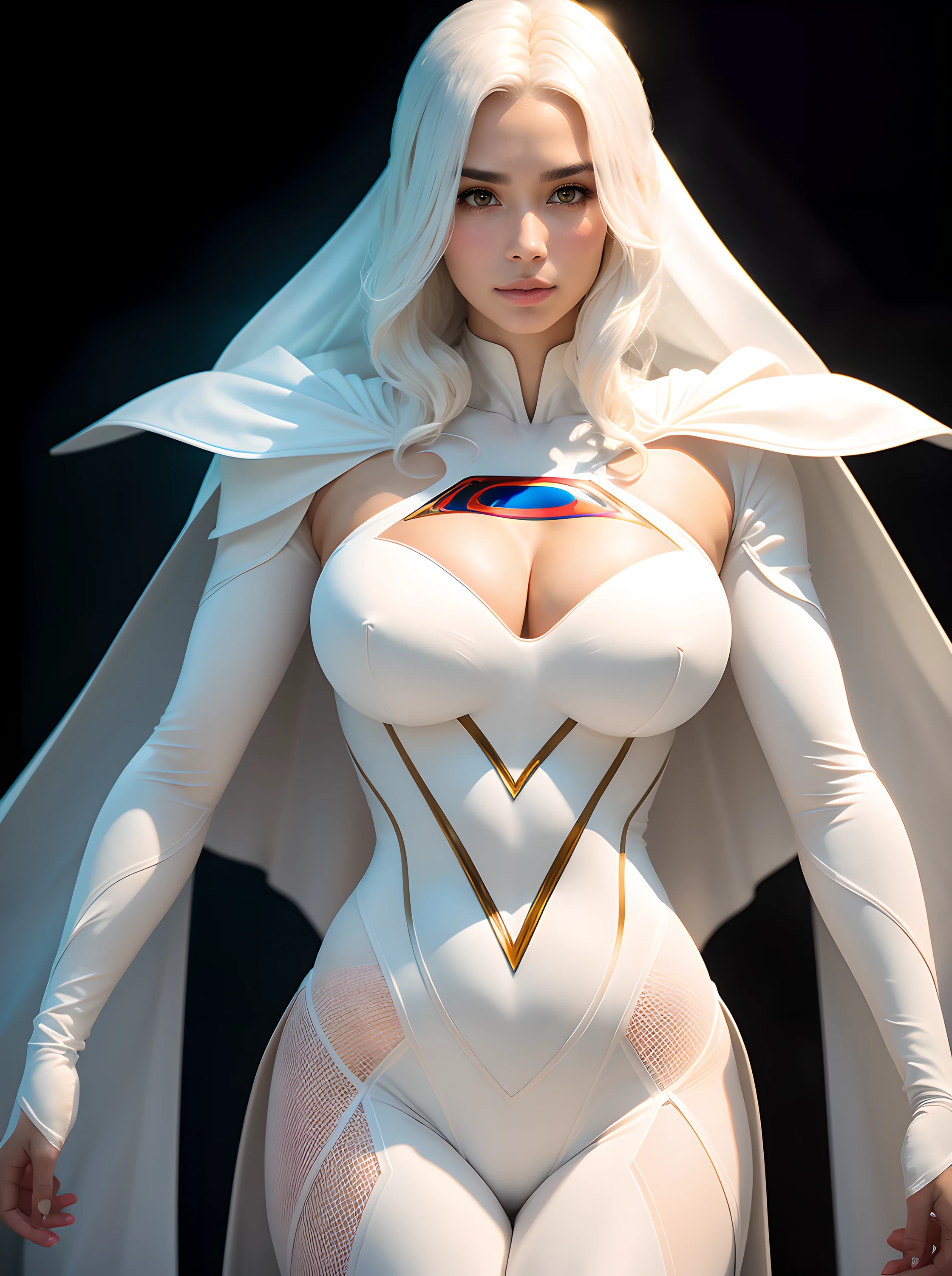 A 25-year-old girl with white hair in an elaborate Superman costume with long sleeves in white, covering the whole body, white capelet, big breastes, generous cleavage, White Superman Costume, Suit with white carbon fiber details, bent over (Posing on the display:1.2), (intricate details:0.9), (HDR, hyper-detailing:1.2), (natural skin textures, hyper realisitc, soft light, Sharp), Photos in RAW and 35mm format.Dark radial background.