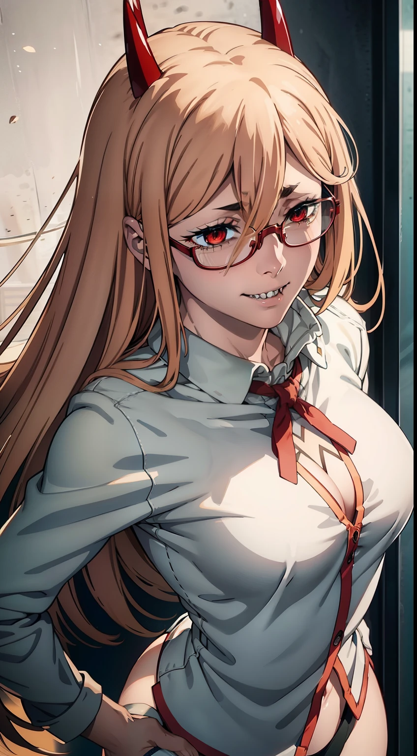 blue sweatshirt, ultra sharp image, Beautiful figure, Beautiful little breasts, sexypose, Mouth open in a smile, sharp teeth, laughting, ultra detail face, Ultra Transparent, Chainsaw Man Energy, Two red sharp horns on the head, Short White Nurse Coat, white stockings, eyeglasses, Fanendascope around the neck, ultra sharp image, Ultra Beautiful, little chest. hairlong, blonde woman, Beautiful figure, taut clothes, red-eyes, Red crosses and circles instead of pupils, handsome body, sexy clothes, Beautiful eyes, very detailed eyes, Very detailed face, handsome body, Cherecter Desing, Very detailed, Detailed body, Detailed hands, Detailed, Vibrants, Detailed Face, sharp-focus, WLOP, artgerm, anime art, Vibrants, Detailed Face, Hugh Details, sharp-focus, Very drooping face, A detailed eye, super fine illustration, better shadow, finely detail, Beautiful detail