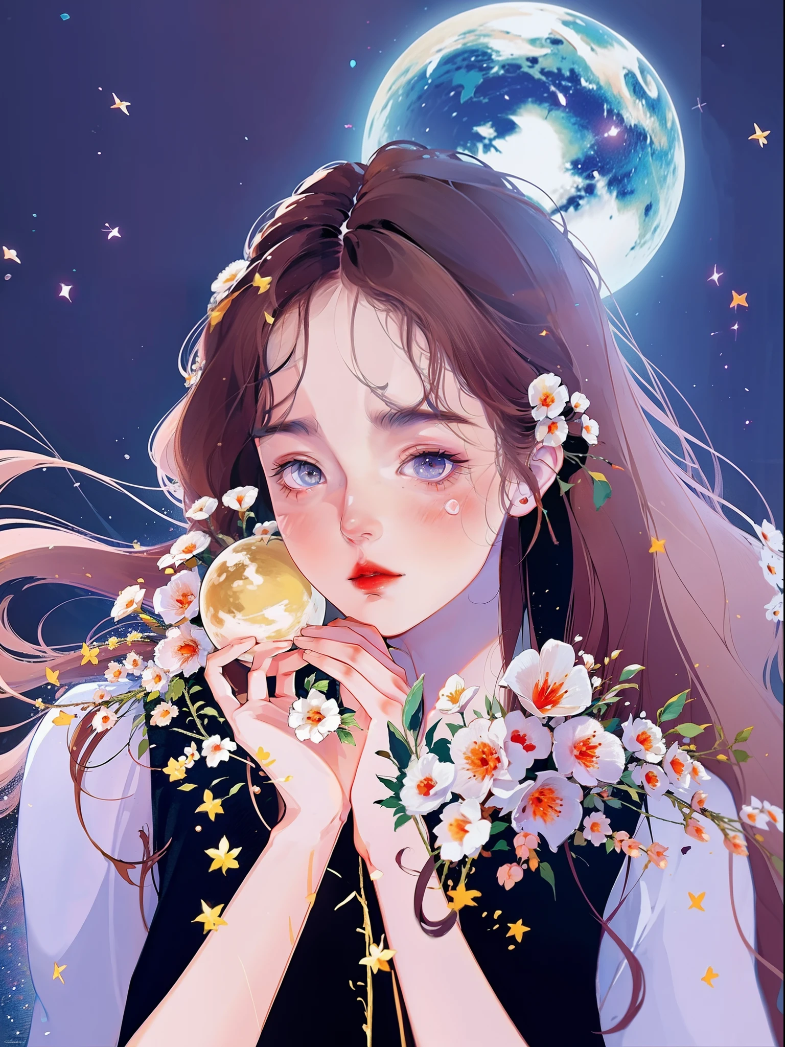 japanese anime,earth's guardian,exquisite features,gentle and sorrowful expression,(best quality,high-res,masterpiece:1.2),highly detailed,realistic:1.37,anime-style,shiny colors,soft lighting,a handsome man holding a realistic representation of Earth,beautiful eyes,meticulously crafted face,strong jawline,flowing hair,fine wrinkles around the eyes,soft, expressive lips,large, soulful eyes,piercing gaze,slightly teary eyes,teardrops on the cheeks,faint smile,tall and slender figure,stylish outfit with intricate details,detailed hands and fingers,subtle highlights and shadows on the skin,dynamic pose with the man holding Earth in one hand,other hand reaching towards the sky,background with a futuristic cityscape and floating islands,glowing particles surrounding the man,carefully rendered textures on the Earth,glimmering stars in the night sky,emotional atmosphere,a sense of responsibility and longing for the world,moody and atmospheric scenery,magical aura surrounding the man and the Earth,captivating and emotional narrative,impressive attention to detail on every aspect of the artwork,elevated level of craftsmanship,immersive and realistic anime-inspired art style
