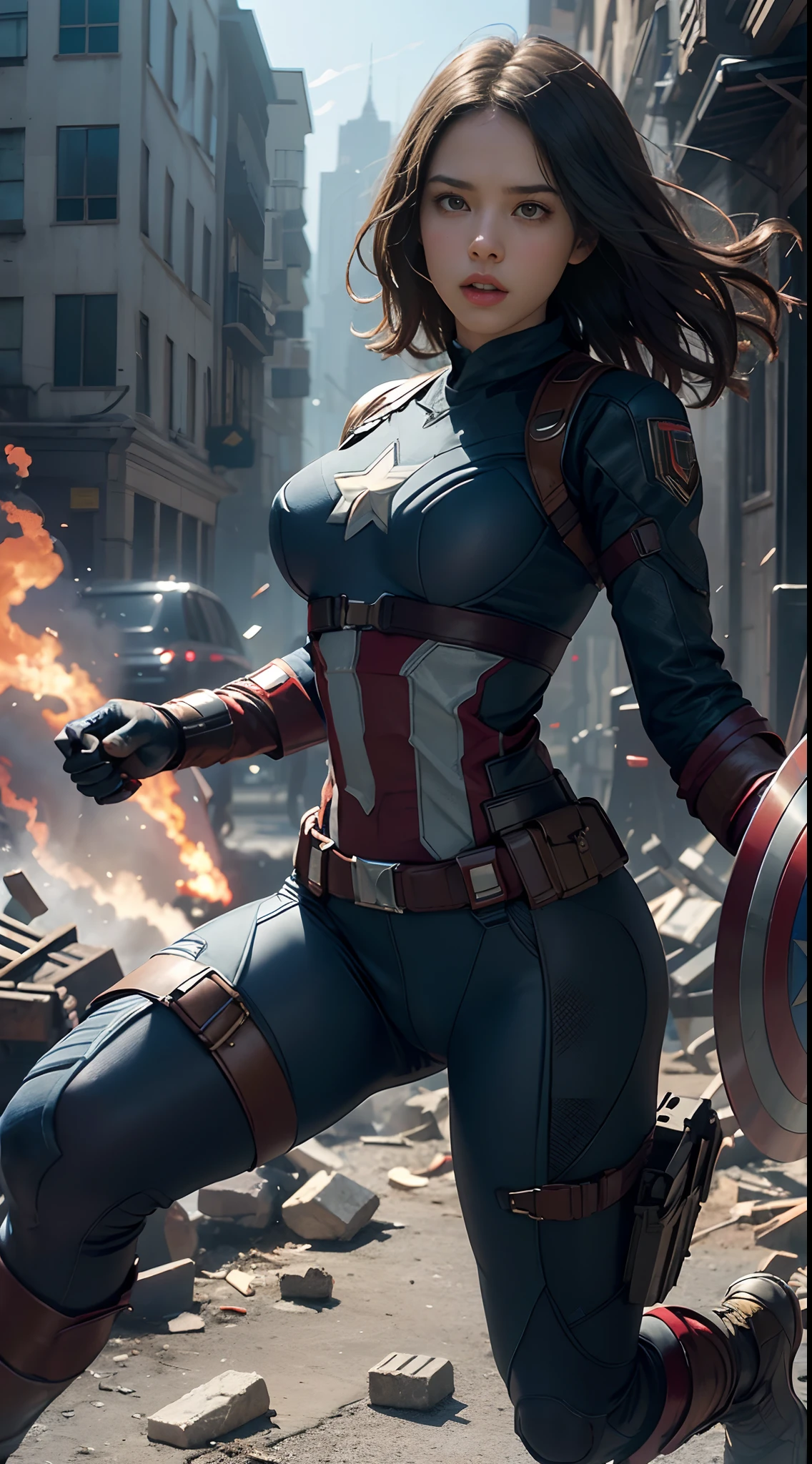 1girl, full body shot, Haley atwell as Captain America (from MCU), ((wearing Captain America suit)),  look at viewer, dynamic pose, (random angles), (masterpiece, best quality, detailed cloth texture, beautiful detailed face, intricate details, ultra detailed),  curly black hair, short hair, (growling), jump, crumbling debris,epic battle,shattered glass,flying debris,studio lighting,colorful comic book style,superhero action,shadow and light interplay,contrasting colors,emotive art style, (Best quality, A high resolution, Photorealistic, primitive, 8K,Masterpiece, ),Best quality, Masterpiec8K.hdr. High ribs:1.2, filmgrain, Blur bokeh:1.2, Lens flare, (vivd colour:1.2), (Delicate),