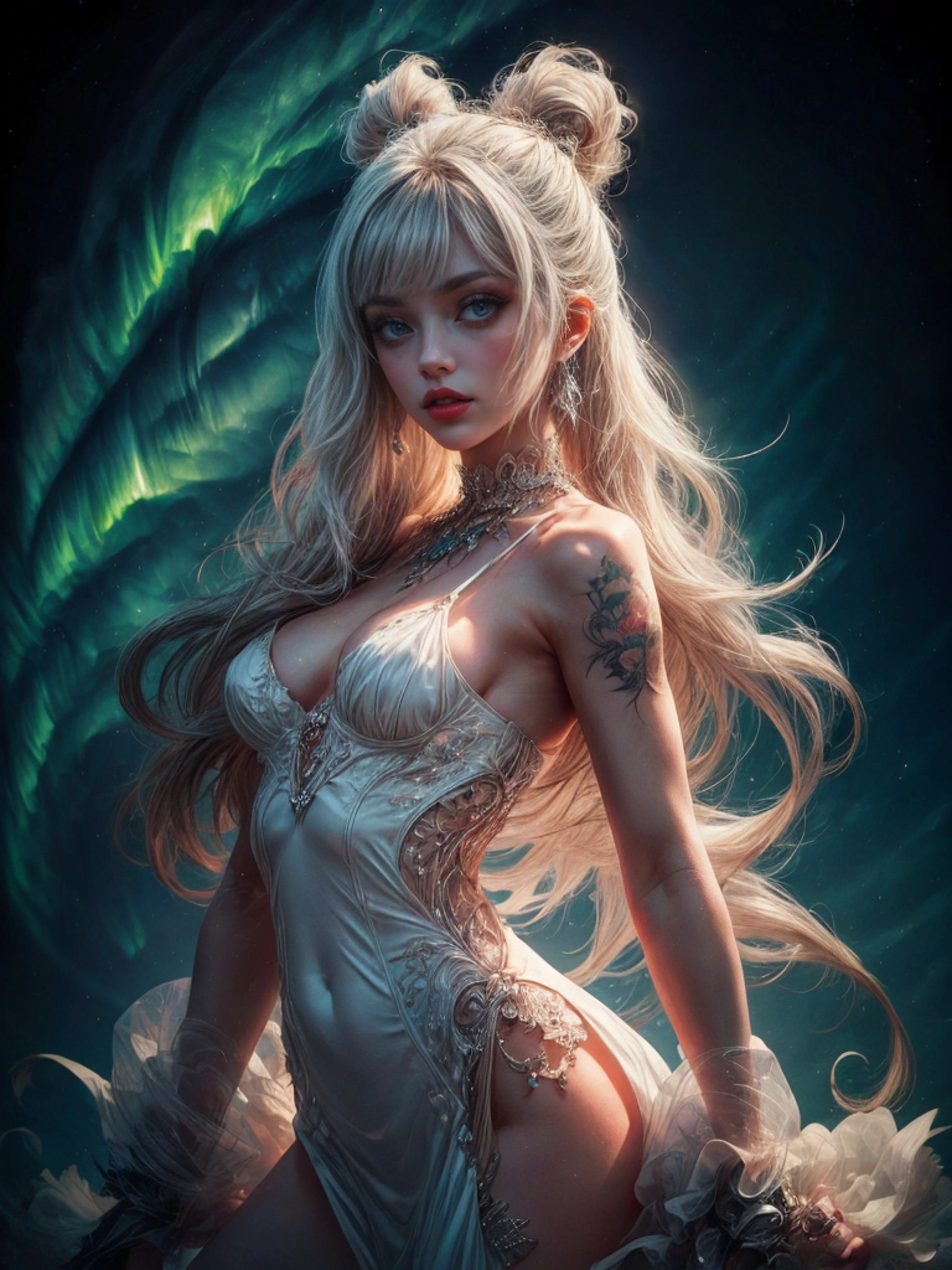 white forest background, Aurora, mythical, erotic pose, pore white hair, small tits, big eyes, body covered with tattoo, red lips, erotic, dark light,, white dress