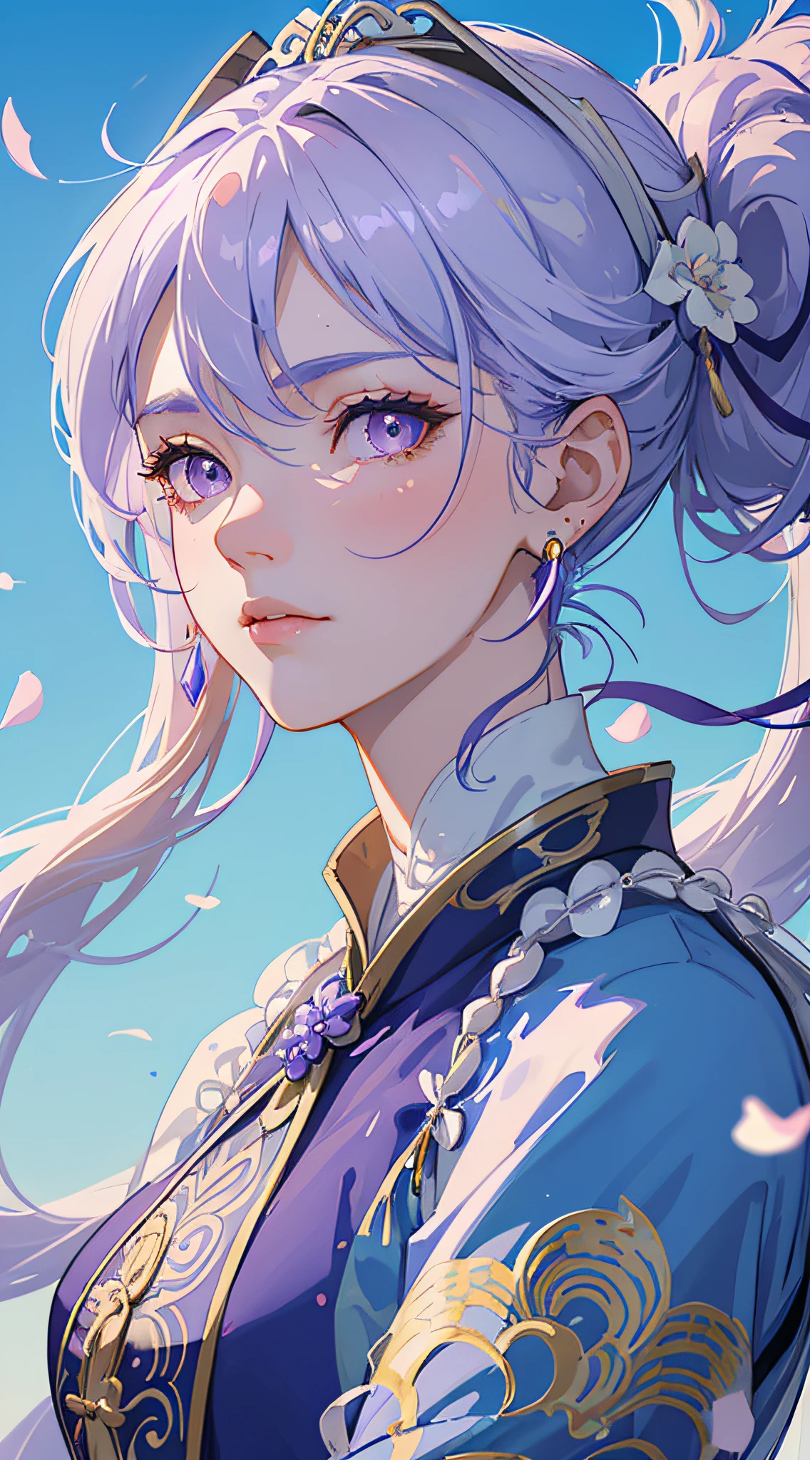 Mature girl, purple eyes, blue-white hair color, floating hair, delicate and flexible eyes, intricate damask hanfu, gorgeous accessories, wearing pearl earrings, fov, f/1.8, masterpiece, ancient Chinese architecture, blue sky, flower petals flying, front portrait shot, Chang'e, side lighting, sunlight on people, 8K