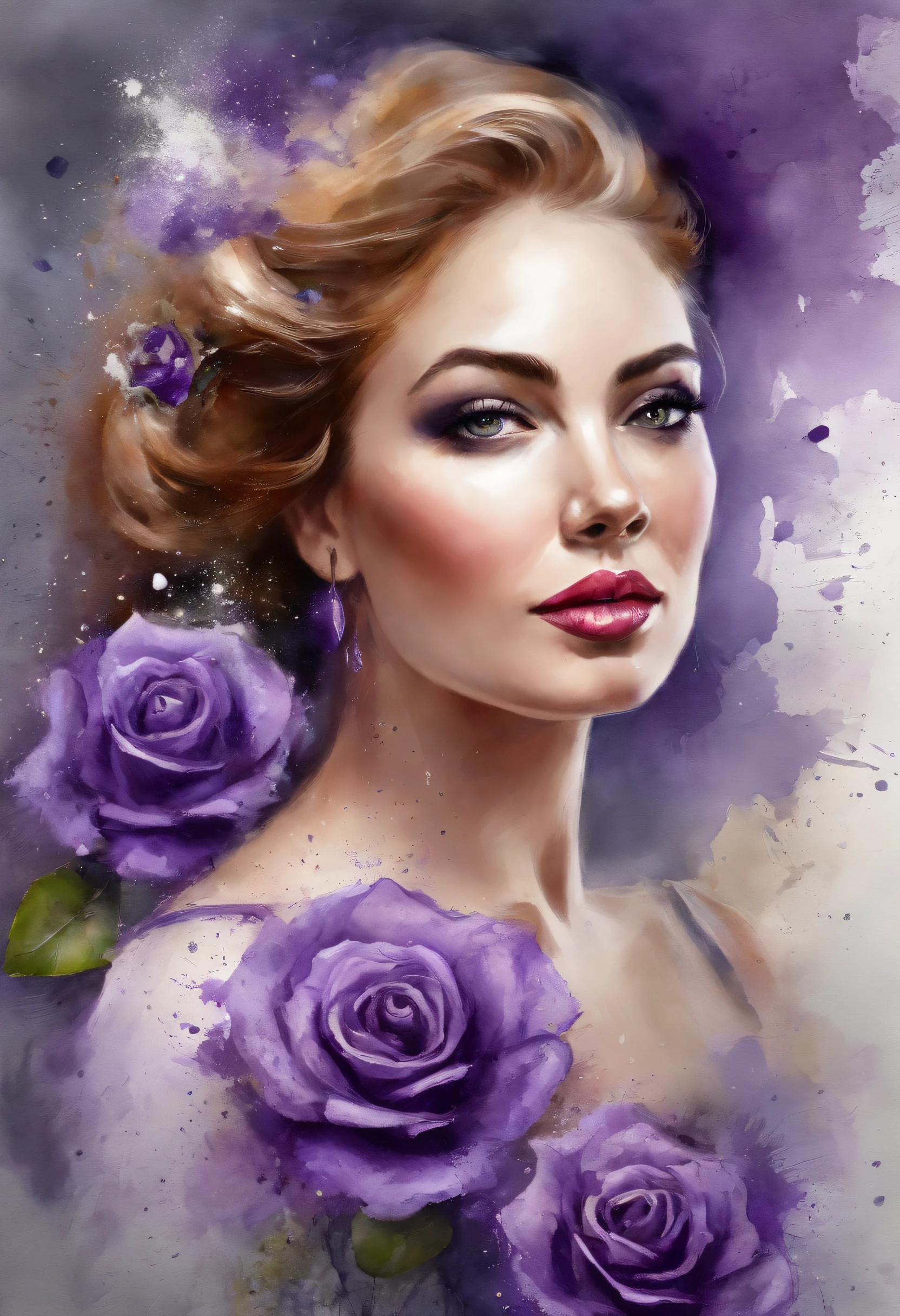 a woman with a Purple rose painting with a splatter background and spray paint effect, by Eugeniusz Zak, watercolor art, by Károly Lotz, watercolor painting, watercolor painting style, watercolor detailed art, by Reuben Tam, watercolor digital painting, watercolor paint, masterfully detailed watercolor, watercolor art, Grzegorz Rutkowski