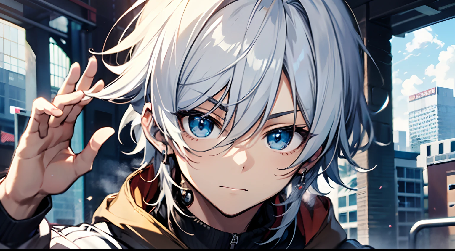 (absurderes, hight resolution, ultra-detailliert, nffsw), masutepiece, Best Quality, male , Solo, Handsome, Short hair, White hair, Fine blue eyes and detailed face, dressed casually, real shadow, Raise your hand at the peace sign, Joyful,