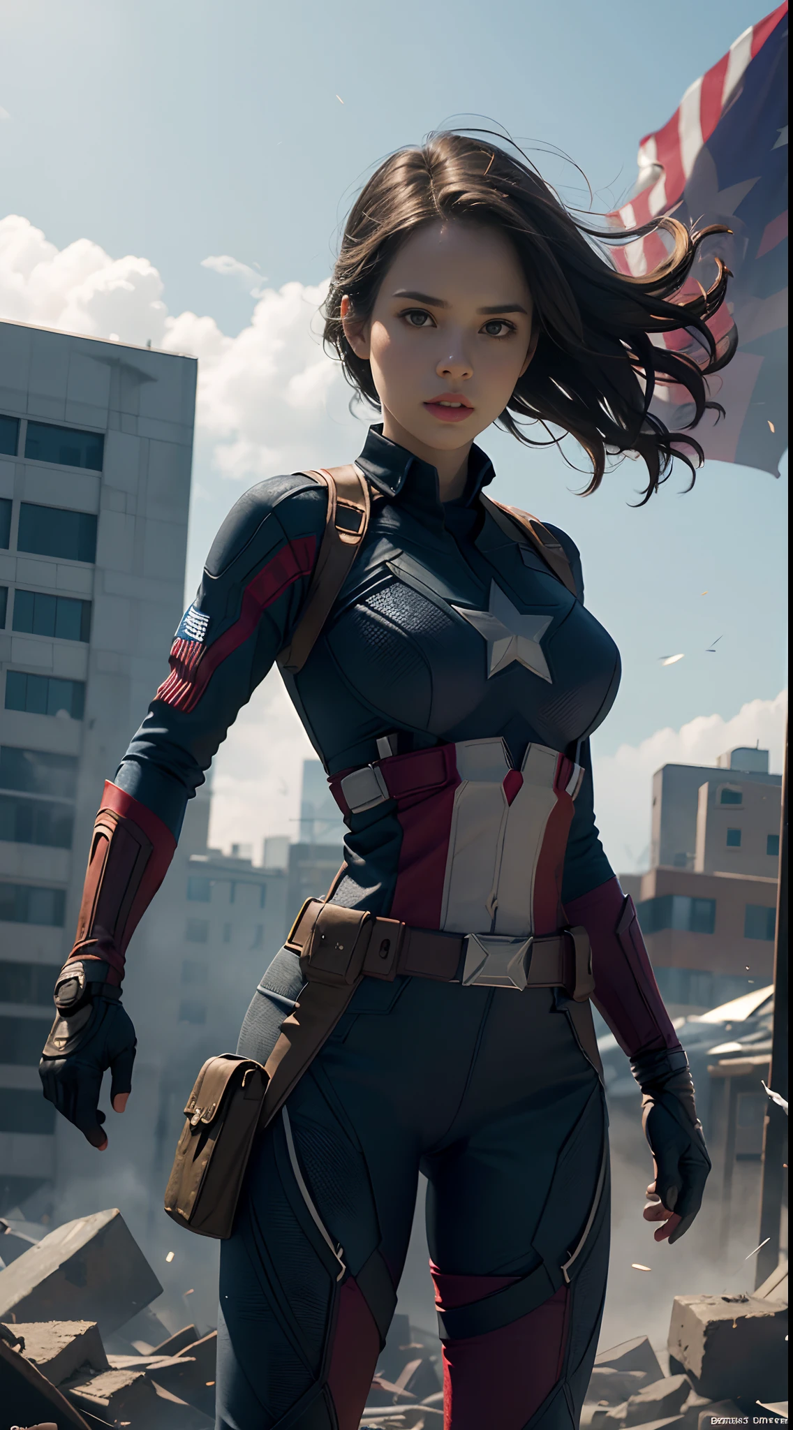 1girl, full body shot, Haley atwell as Captain America (from MCU), ((wearing Captain America suit)),  look at viewer, dynamic pose, (random angles), (masterpiece, best quality, detailed cloth texture, beautiful detailed face, intricate details, ultra detailed),  curly black hair, short hair, (growling), crumbling debris,epic battle,shattered glass,flying debris,studio lighting,colorful comic book style,superhero action,shadow and light interplay,contrasting colors,emotive art style, (Best quality, A high resolution, Photorealistic, primitive, 8K,Masterpiece, ),Best quality, Masterpiec8K.hdr. High ribs:1.2, filmgrain, Blur bokeh:1.2, Lens flare, (vivd colour:1.2), (Delicate),