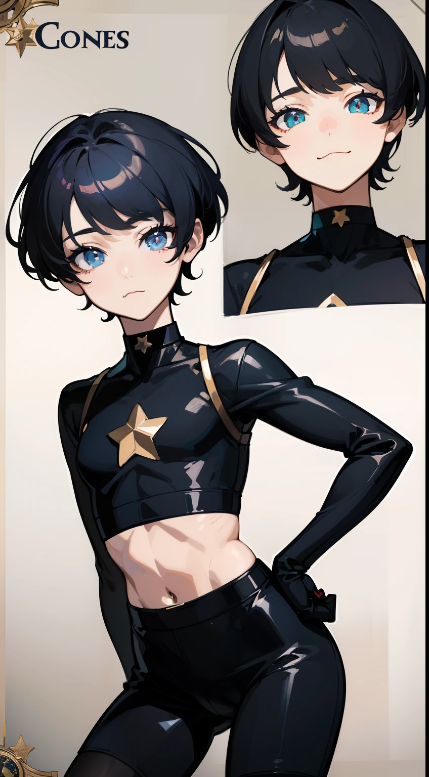 ((Masterpiece, Highest quality)), Detailed face, character sheets, full bodyesbian, Full of details, Multiple poses and expressions, Highly detailed, Depth, Many parts, 1boys , Children all over the body :3,  Black crop top， mitts, Stockings, Black choker, The eye, Star (symbol), pupils in symbol shapes
