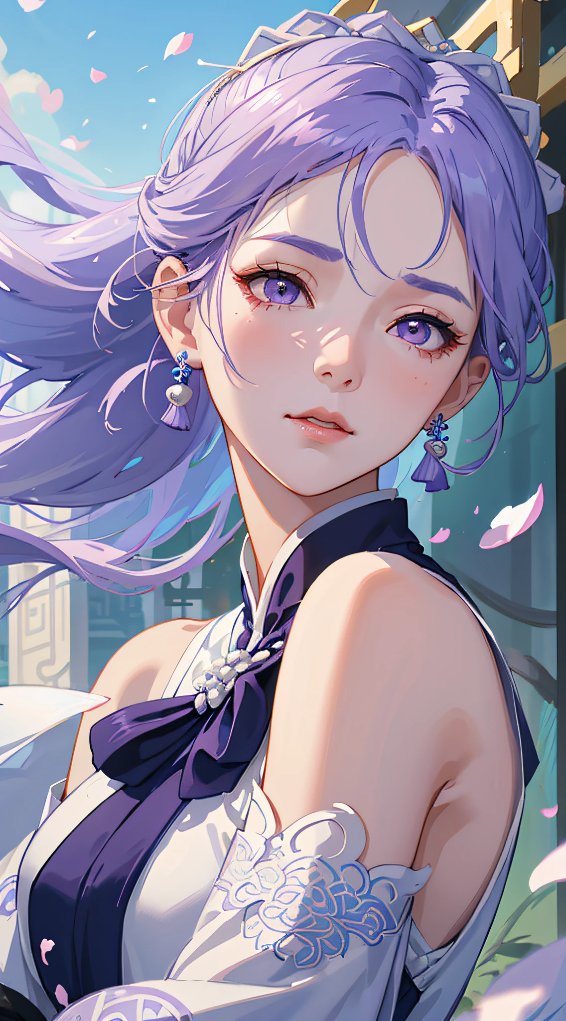Mature girl, purple eyes, blue-white hair color, floating hair, delicate and flexible eyes, intricate damask hanfu, gorgeous accessories, wearing pearl earrings, fov, f/1.8, masterpiece, ancient Chinese architecture, blue sky, flower petals flying, front portrait shot, Chang'e, side lighting, sunlight on people, 8K