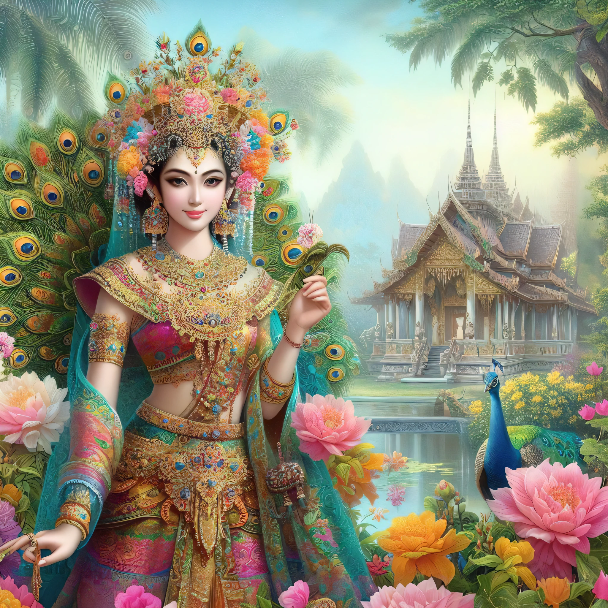 a painting of a woman in a colorful dress holding a peacock, a beautiful fantasy empress, thailand art, indian goddess of wealth, beautiful goddess, gilded lotus princess, ((a beautiful fantasy empress)), goddess of love and peace, goddess. extremely high detail, portrait of a beautiful goddess, beautiful art uhd 4 k, 4k highly detailed digital art