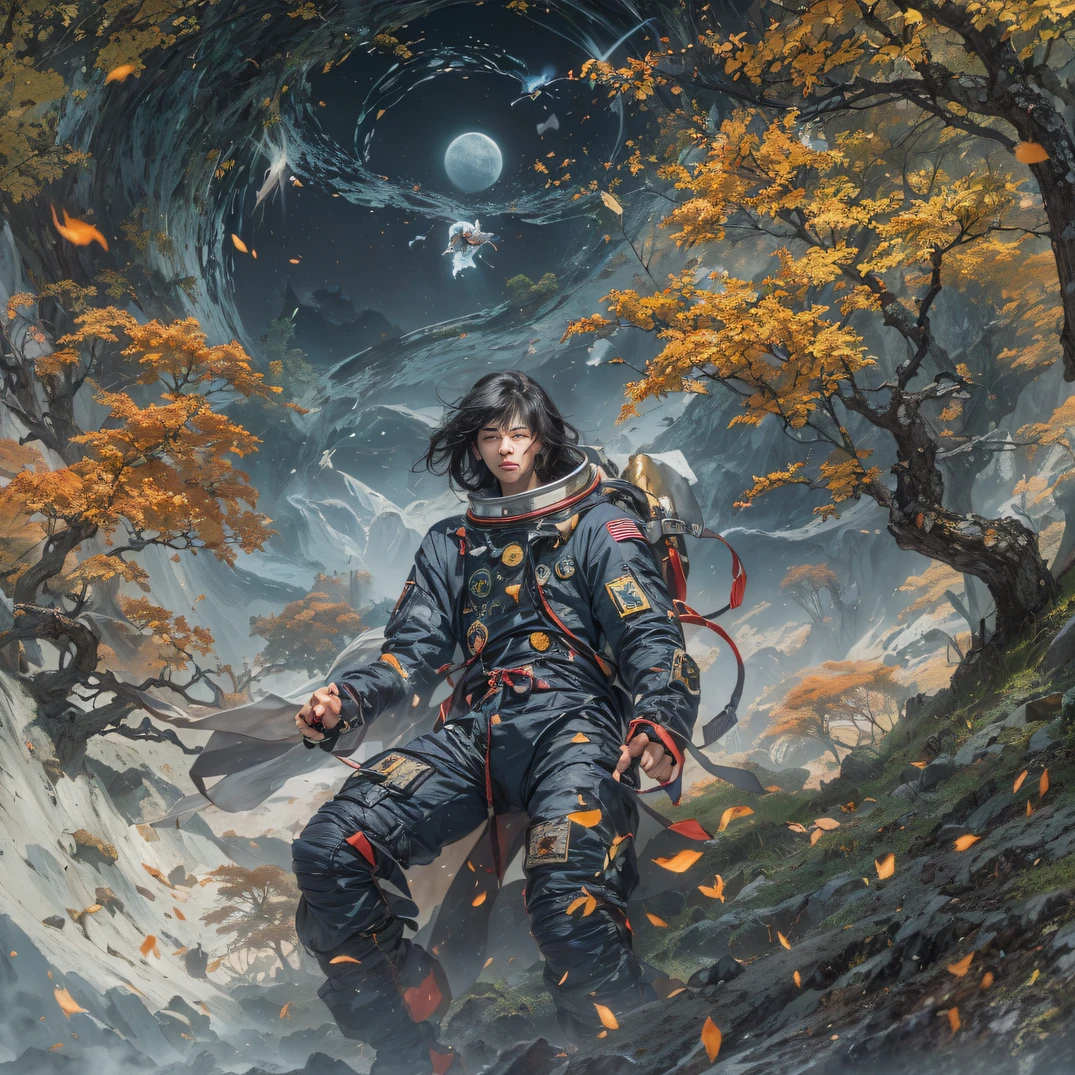 ((ultra real detailed.The astronaut) (Masterpiece, Top quality, Best quality, offcial art, Beauty and aesthetics: 1.2), Very detailed, Colorful, Most detailed, branches, The astronaut, Fallen leaves, fences, Astronauts fly into the fairy world, Chance encounter with Liu Hanshu, He saw in him his former self, It was decided to take him as an apprentice, Teach him how to protect himself, But because of the Tibetan star map, He established relationships with the Liu family and the Jade Sword Sect, It opens with the death of Liu Hanshu, Qin Yu embarked on the road of confrontation with a strong enemy, Working hard, Make yourself stronger, Stick to your own core path of justice, I also want to protect the people I care about, The three astronaut brothers took off, And embarked on a long journey to find a good brother, Qin Yu, Where are Xiao Hei and Hou Fei(dense fog)Climb the streets(Doomsday Stream)eyes filled with angry,He clenched his fists,Rush up,Deliver a fatal blow to your opponent,full bodyesbian,Full Body Male Mage 32K(Masterpiece Canyon Ultra HD)Long flowing black hair,Campsite size,zydink, The wounded lined up in the streets(Mards)The astronaut(canyons), (Linen future spacesuit), Angry fighting stance, looking at the ground, Batik linen bandana, Chinese python pattern long-sleeved garment, Astronaut Canyon(Abstract propylene splash:1.2), Dark clouds lightning background,Sprinkle with gold dust(realisticlying:1.4),Black color hair,Flour fluttering,rainbow background, A high resolution, the detail, RAW photogr, Sharp Re, Nikon D850 Film Stock Photo by Jefferies Lee 4 Kodak Portra 400 Camera F1.6 shots, Rich colors, ultra-realistic vivid textures, Dramatic lighting, Unreal Engine Art Station Trend, cinestir 800,Flowing black hair,(((Mards)))
