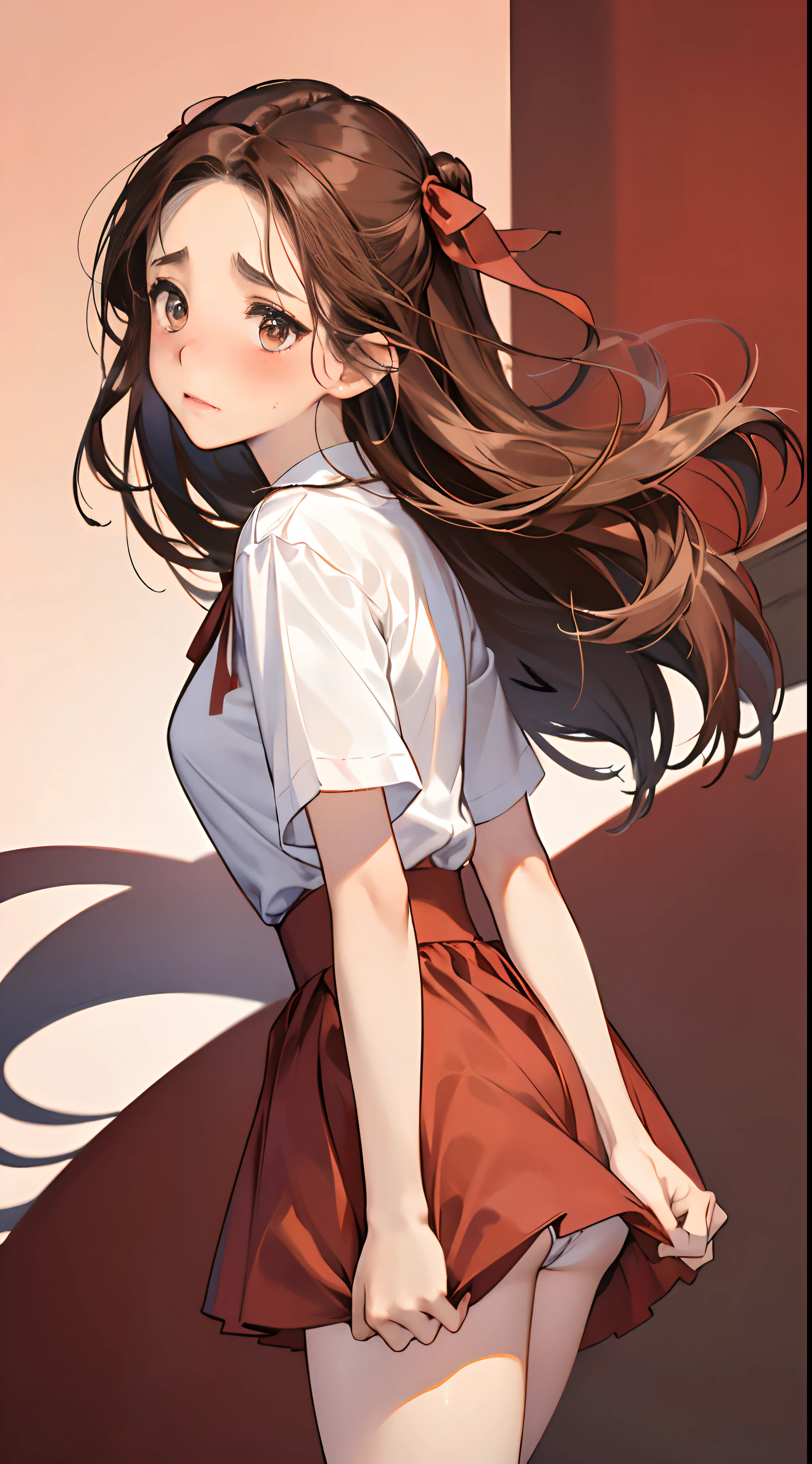 1womanl,Brown hair,Red ribbons ,((Impatient expression)),Beautiful breasts,White shirt,Red dress,well-styled,,(Facing the front)(((Blushing cheeks、embarassed expression)),(((The skirt is flipped up)))