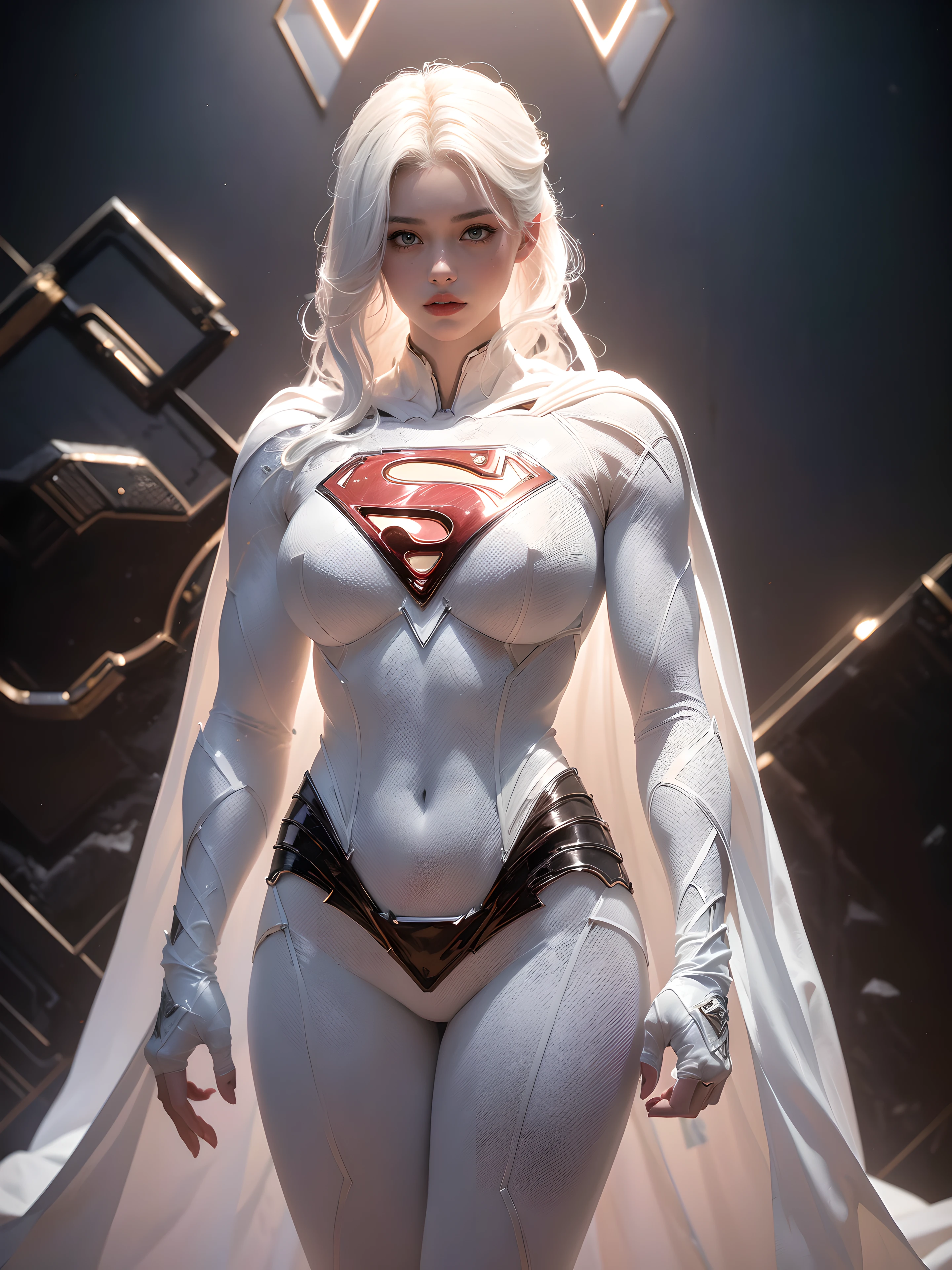 A 25-year-old girl with white hair in an elaborate long-sleeved Superman costume in white, covering the whole body,  white capelet, big breastes, generous cleavage, White Superman Costume, Suit with white carbon fiber details, bent over (Posing on the display:1.4), (intricate details:0.9), (HDR, hyper-detailing:1.2), (natural skin textures, hyper realisitc, soft light, Sharp), Photos in RAW and 35mm format. Dark radial background.