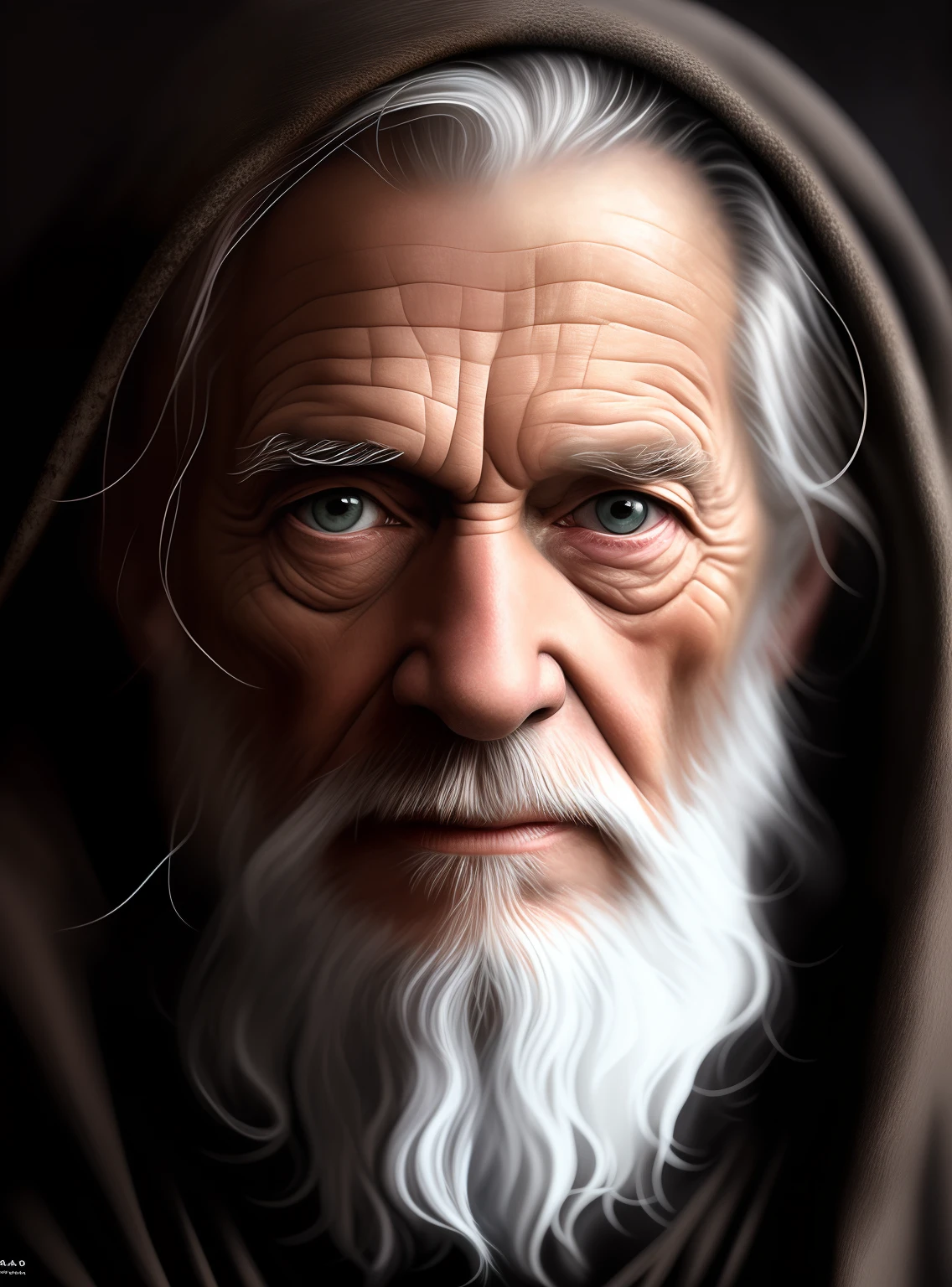 um close up de um homem com barba e capuz, Retrato de Gandalf, pintura digital ultra realista, retrato ultra detalhado, pintura digital realista, pintura digital hiper realista, arte digital altamente realista, Wise old man, pintura digital hiper-realista, pintura digital fotorrealista, arte digital ultra realista, arte digital ultrarrealista, arte digital muito realista