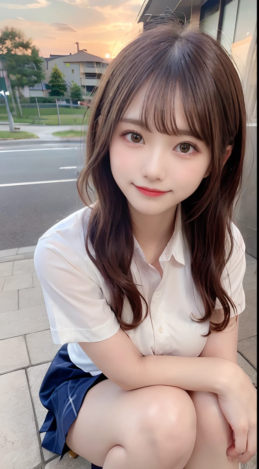 masutepiece, Best Quality,
Ultra-detailed, finely detail, hight resolution, in 8K,
((Photorealsitic:1.4, Raw photography, 超A high resolution,Top image quality: 1.4)),
Wallpaper,
((Perfect whole body configuration1.5)),
Beautiful detailed eyes, Natural Color Lip,
((a serene smile:1.5)),
((Random and cute hairstyles)),
((Uniform Y-shirt:1.5,student clothes、School uniform shirt、Uniform shirt open、plaid skirts)),
((Random breast sizes from large to medium、cleavage of the breast:1.2)),
((leaning-forward:1.5,Spread your crotch:1.9,crouching down)),
((breastsout、under look eyes、Mole on the arm:0.9)),
((peer in from below)),
((Background in front of the café at sunset、Ball bokeh、f lare)),
((Smile)),
((((1 female:1.5))))
very detailed and professional lighting、
((Smile:1.5))、
((thigh visible:1.5))