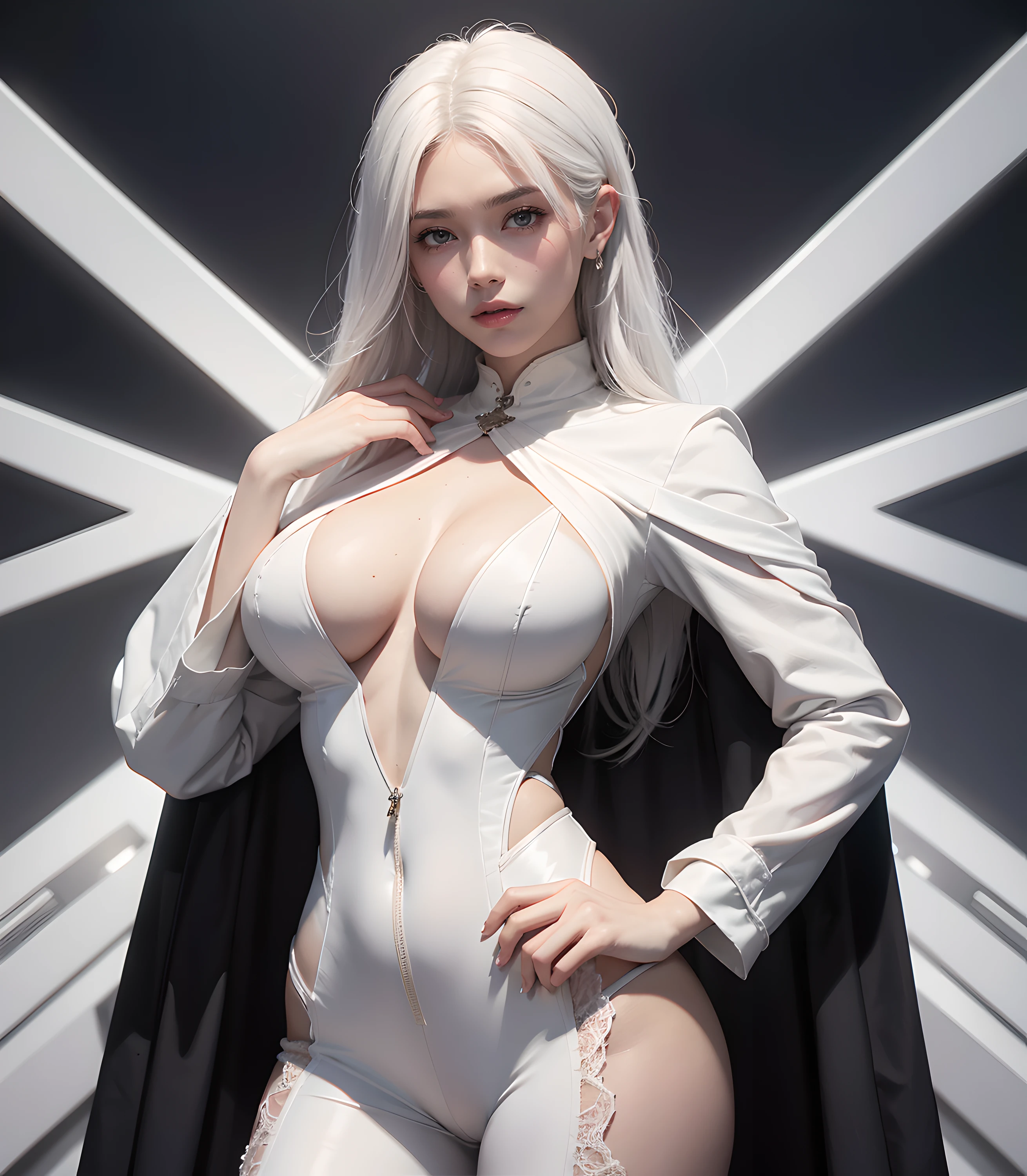 25-year-old girl with white hair in elaborate long-sleeved business suit in white, covering the whole body, big breastes, generous cleavage, Suit with white carbon fiber details, bent over (Posing on the display:1.2), (intricate details:0.9), (HDR, hyper-detailing:1.2), (natural skin textures, hyper realisitc, soft light, Sharp), Photos in RAW and 35mm format, Dark radial background.