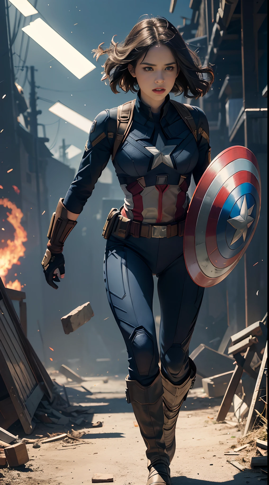 1girl, full body shot, Haley atwell as Captain America (from MCU), ((wearing Captain America suit)), look at viewer, dynamic pose, (random angles), (masterpiece, best quality, detailed cloth texture, beautiful detailed face, intricate details, ultra detailed), curly black hair, short hair, crumbling debris,epic battle,shattered glass,flying debris,studio lighting,colorful comic book style,superhero action,shadow and light interplay,contrasting colors,emotive art style, (Best quality, A high resolution, Photorealistic, primitive, 8K,Masterpiece, ),Best quality, Masterpiec8K.hdr. High ribs:1.2, filmgrain, Blur bokeh:1.2, Lens flare, (vivd colour:1.2), (Delicate),