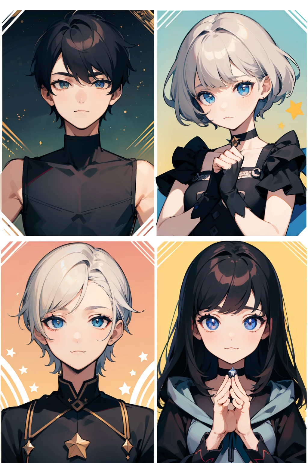 ((Masterpiece, Highest quality)), Detailed face, character sheets, full bodyesbian, Full of details, Multiple poses and expressions, Highly detailed, Depth, Many parts, 1boys , Children all over the body :3, Black crop top, mitts, Stockings, Black choker, The eye, Star (symbol), pupils in symbol shapes