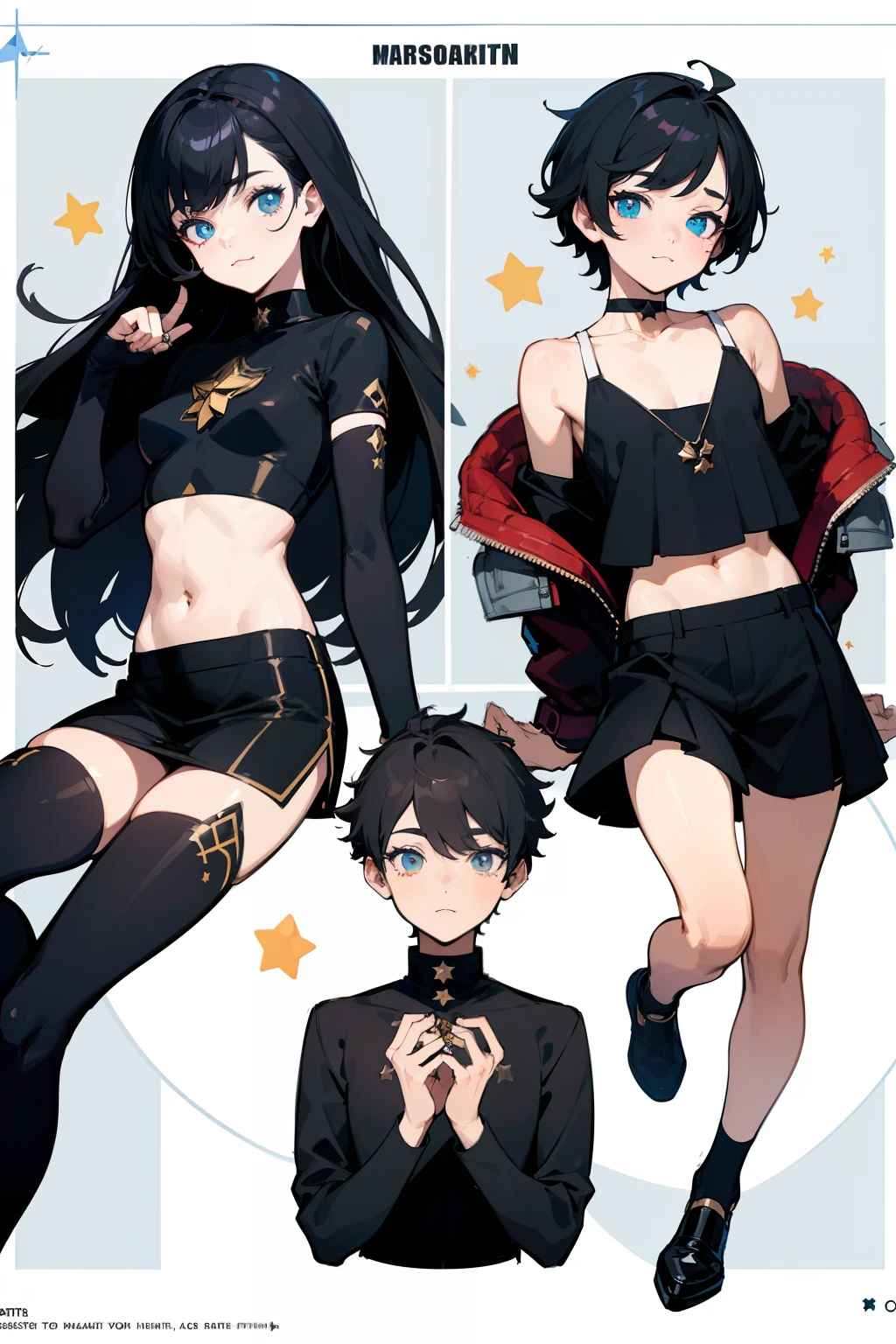 ((Masterpiece, Highest quality)), Detailed face, character sheets, full bodyesbian, Full of details, Multiple poses and expressions, Highly detailed, Depth, Many parts, 1boys , Children all over the body :3, Black crop top, mitts, Stockings, Black choker, The eye, Star (symbol), pupils in symbol shapes