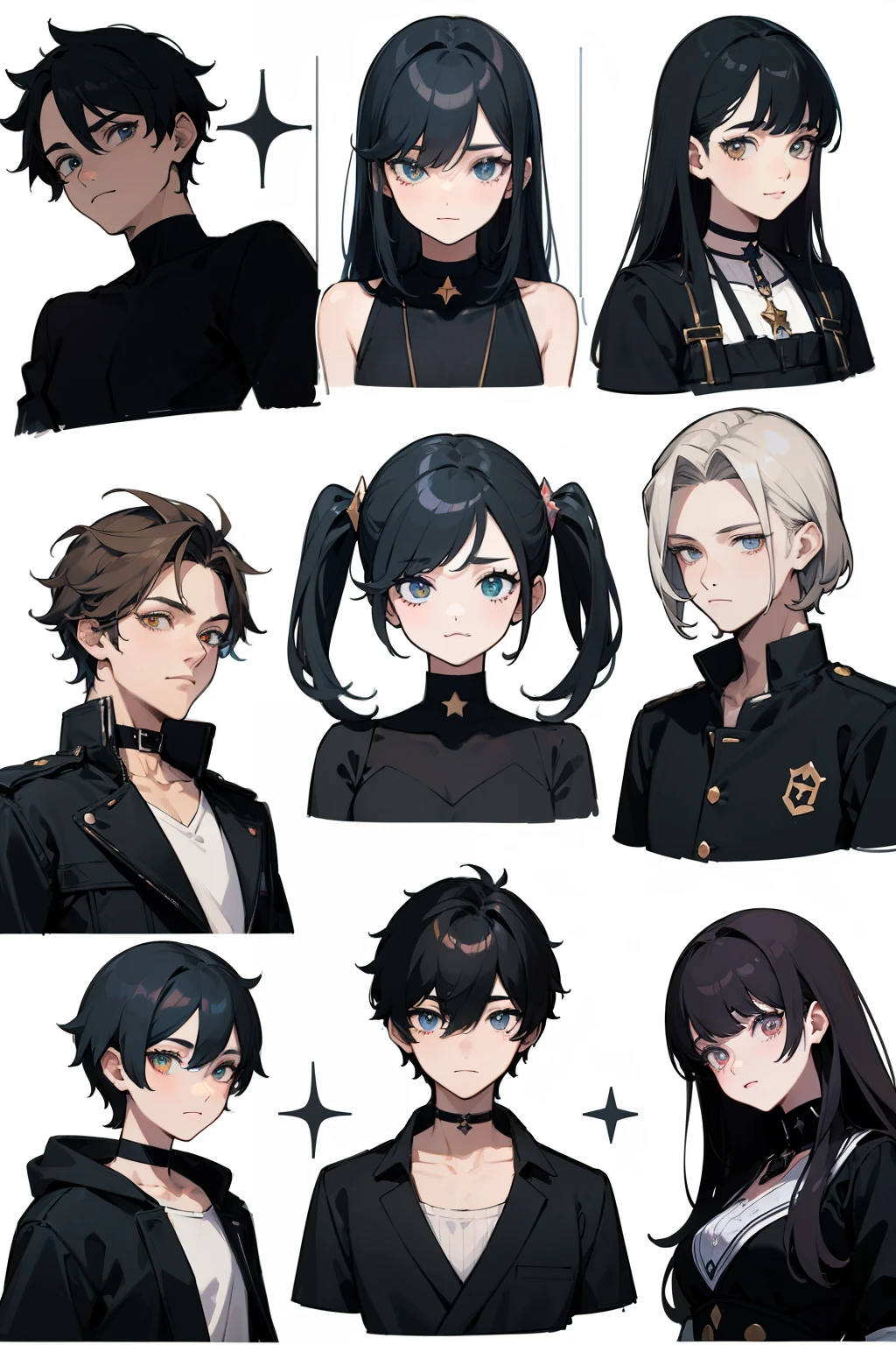 ((Masterpiece, Highest quality)), Detailed face, character sheets, full bodyesbian, Full of details, Multiple poses and expressions, Highly detailed, Depth, Many parts, 1boys , Children all over the body :3, Black crop top, mitts, Stockings, Black choker, The eye, Star (symbol), pupils in symbol shapes
