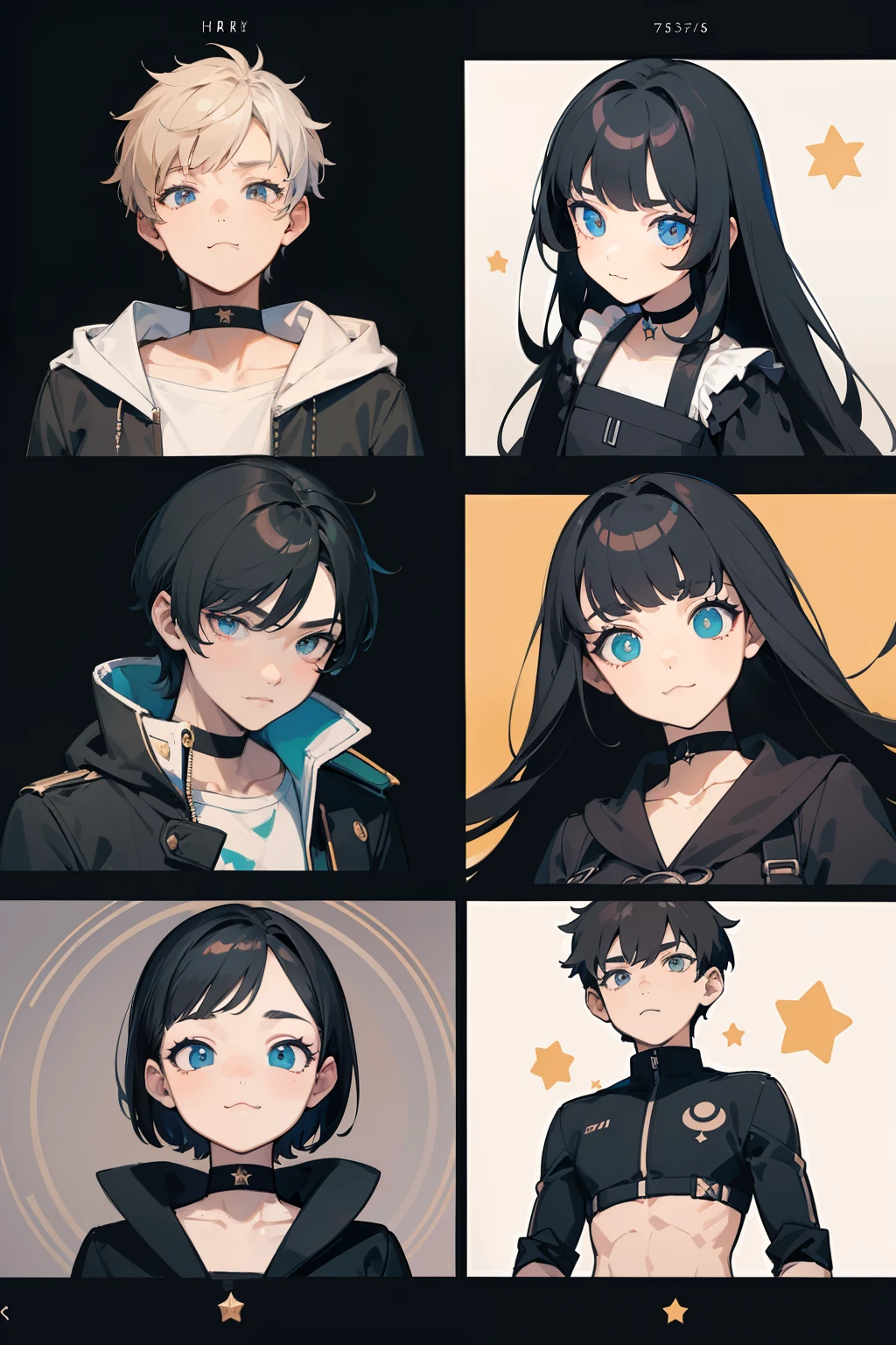 ((Masterpiece, Highest quality)), Detailed face, character sheets, full bodyesbian, Full of details, Multiple poses and expressions, Highly detailed, Depth, Many parts, 1boys , Children all over the body :3, Black crop top, mitts, Stockings, Black choker, The eye, Star (symbol), pupils in symbol shapes