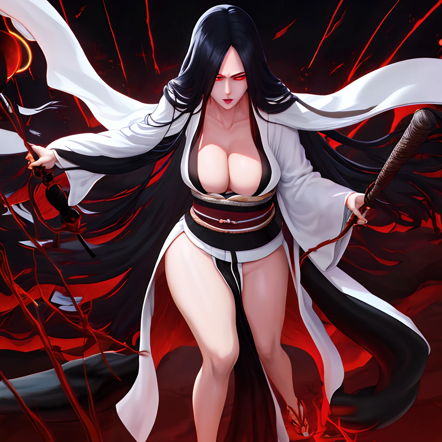 Unohana, solo, kimono , red eyes, haori, Temple , orange moon, scar on chest, parted lips, thick thighs , big breasts,