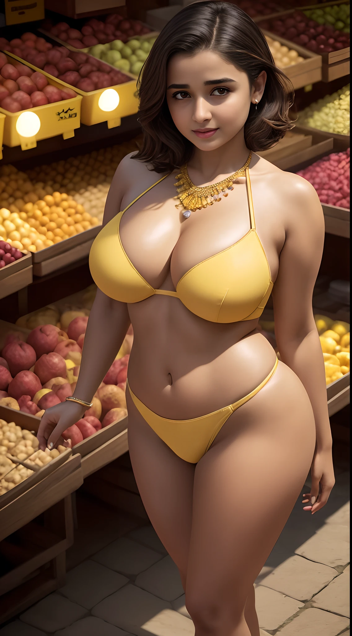 Highly detailed RAW color Photo, 4k, high-res, masterpiece, best quality, beautiful young girl, (very wide hips:1.5), (detailed skin), (detailed lips), (detailed teeth), (detailed eyes), ((in traditional market:1.5)), (real setting) (detailed face), (mouth closed), (curvy:1.5), (strong) (huge :1.5), (big bren waist:1.5), (super thin waist), (small waist), (extremely tiny waist), full body shot from top view, standing, detailed eyes, (detailed teeth), mouth closed, closed mouth, depth of field, soft lighting, masterpiece, best quality, intricate, (bloom:0.7), particle effects, raytracing, tone mapped, highly detailed, smooth, sharp focus, soft lighting, cinematic, 8K, photo realistic, (highly detailed background), finely detailed skin, sharp focus, (cinematic lighting), morning, soft lighting, Alia Bhatt, indian, short hair, heels, yellow bikini, yellow push up bra, yellow thongs, heels, necklace, jawerly