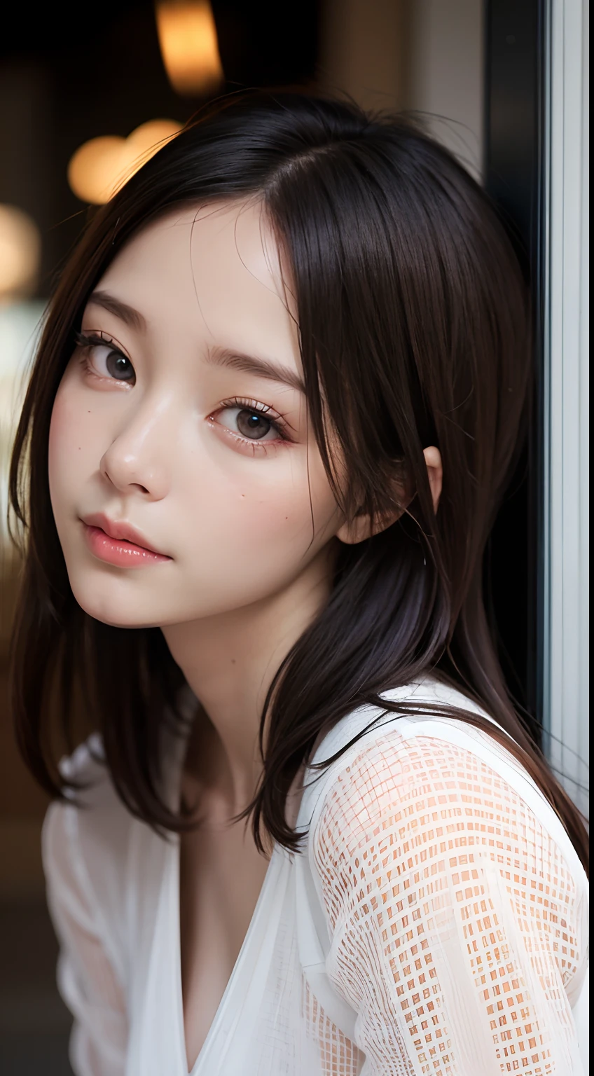 Masterpiece, 1 Beautiful Girl, Detailed Eyes, Swollen eyes, Top  Quality, The ultra-Highres, (Reality: 1.4), Cinematic lighting, Japanese, Asian Beauty, Korean, Very beautiful, beautiful skin, Slender, Keep your body forward, (ultra realisic), (high resolucion), (8K), (Very detailed), ( Best Illustration), (Beautifully detailed eyes), (A highly detailed), (wall paper), Detailed face, bright lighting, Professional Lighting, looking up at viewer, face the front, The outfit is a neat white shirt and dress, 46 point slanted bangs, night scene, Black hair (Redhead with mesh),