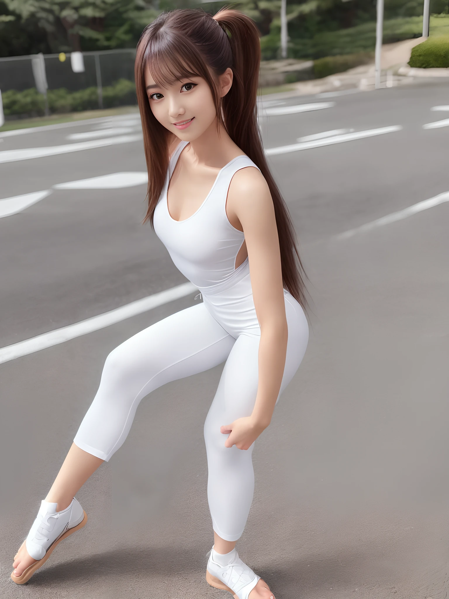 (Photorealsitic)(sixteen years old), Perfectly beautiful woman, (Full body 8K portrait), Stick out your fist, Large and dynamic hand and foot movements, Correct skeleton, White Karate Uniform, White karate pants, Large bust,Stand alone, Perfect facial detail, (Smile: 1.15), attractive beautiful face, gazing at viewer, a small face, 二重まぶた, Beautiful detailed eyes, long eyeslashes, ligh brown hair, poneyTail, Toned waist, Beautiful thin legs, toned ankles, bare-legged ,TOKYOcty