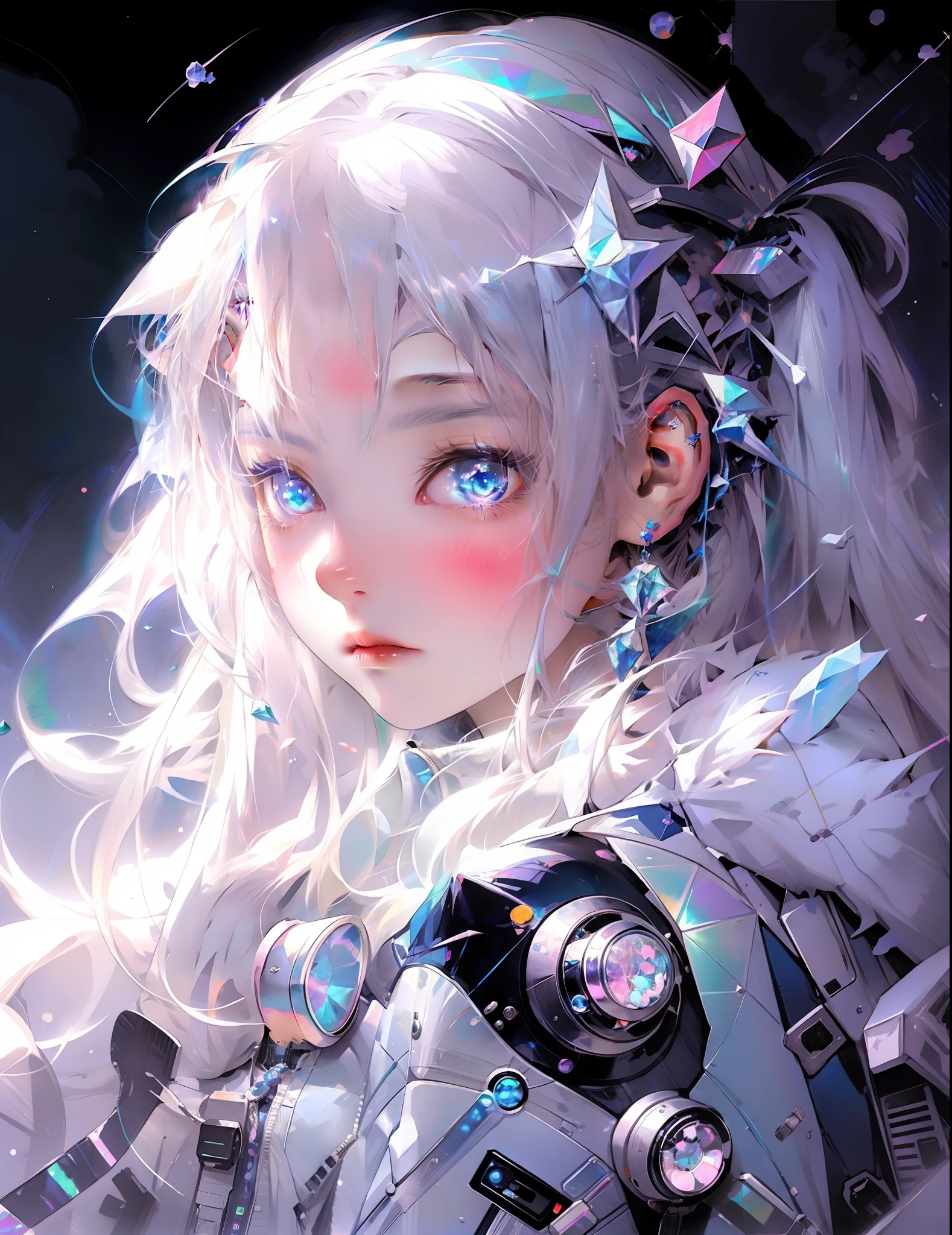 silver hair and body, cute tabby cat, anime stye badass girl, cute but powerful, whymsical, space themed, retro, cosmic, cat, futuristic, not on planet earth. Anime beauty, in the style of iridescent,colorful, crystalcore, colorful animations,silver and blue, aurorapunk, beautiful crystalcore. --s 400 --ar 3:4 ,nijistyle
