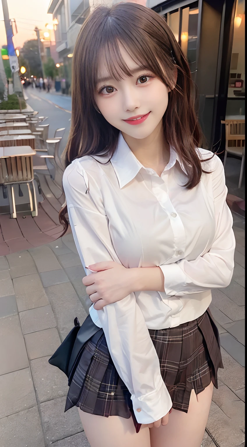 masutepiece, Best Quality, 
Ultra-detailed, finely detail, hight resolution, in 8K,
((Photorealsitic:1.4, Raw photography, 超A high resolution,Top image quality: 1.4)),
Wallpaper, 
((Perfect whole body configuration1.5)), 
Beautiful detailed eyes, Natural Color Lip,
((a serene smile:1.5)),
((Random and cute hairstyles)), 
((School uniform Y-shirt:1.5,student clothes、School uniform shirt with collar、Shirt Open、plaid skirts)),
((Random breast sizes from large to medium、cleavage of the breast:1.3)),
((Standing with your crotch spread:1.9,pulling the hands up)),
((breastsout、under look eyes、Mole on the arm:0.9)),
((peer in from below)),
((Background in front of the café at sunset、Ball bokeh、f lare)),
((Smile)),
((((1 female:1.5))))
very detailed and professional lighting、
((Smile:1.5))、
((thigh visible:1.5))