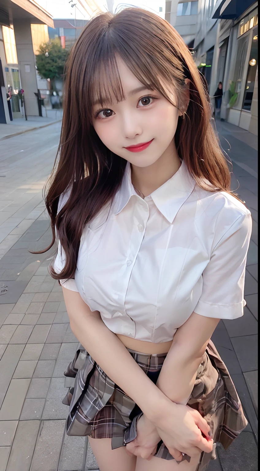 masutepiece, Best Quality, 
Ultra-detailed, finely detail, hight resolution, in 8K,
((Photorealsitic:1.4, Raw photography, 超A high resolution,Top image quality: 1.4)),
Wallpaper, 
((Perfect whole body configuration1.5)), 
Beautiful detailed eyes, Natural Color Lip,
((a serene smile:1.5)),
((Random and cute hairstyles)), 
((Uniform Y-shirt:1.5,student clothes、Collared uniform shirt、Shirt opens to reveal black bra、plaid skirts)),
((Random breast sizes from large to medium、cleavage of the breast:1.3)),
((Standing with the crotch spread:1.9,pulling the hands up)),
((breastsout、under look eyes、Mole on the arm:0.9)),
((peer in from below)),
((Background in front of the café at sunset、Ball bokeh、f lare)),
((Smile)),
((((1 female:1.5))))
very detailed and professional lighting、
((Smile:1.5))、
((thigh visible:1.5))