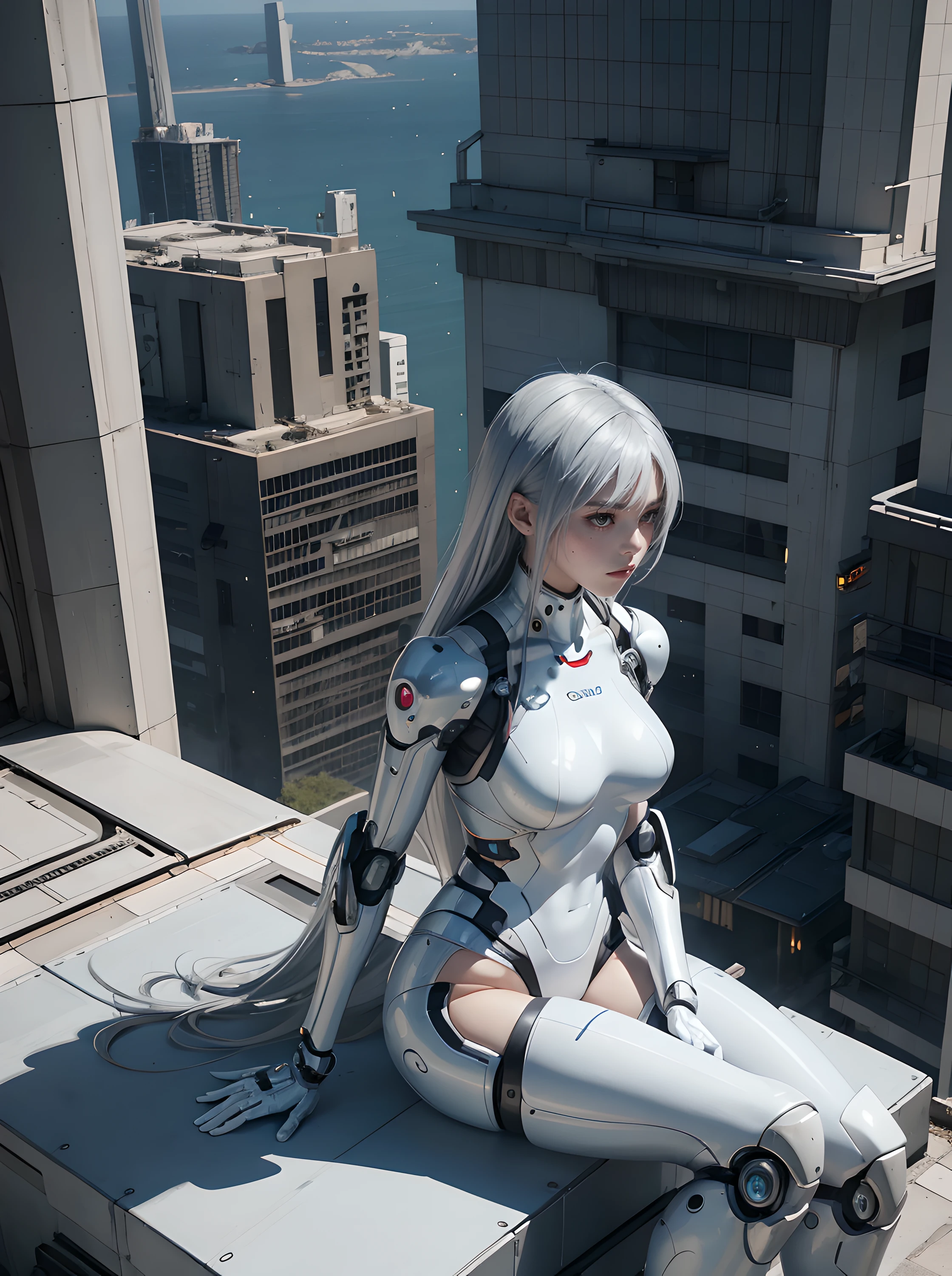 Woman in futuristic costume, Standing on the edge of the roof, cyborg - girl with silver hair, gynoid cyborg body, Anime Cyborg, perfect anime cyborg woman, biomechanical oppai, Anime character; full body art, beutiful white girl cyborg, cybersuits, gynoid body, cyborg girl, cyberpunk bodysuit