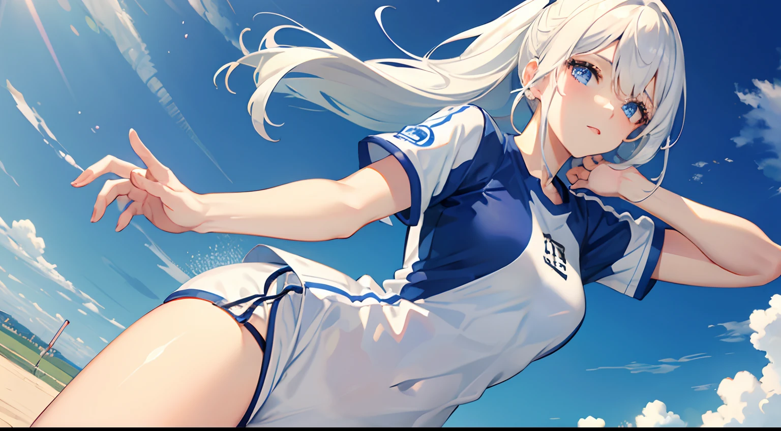 Girl with white hair, blue eyes and sports clothes