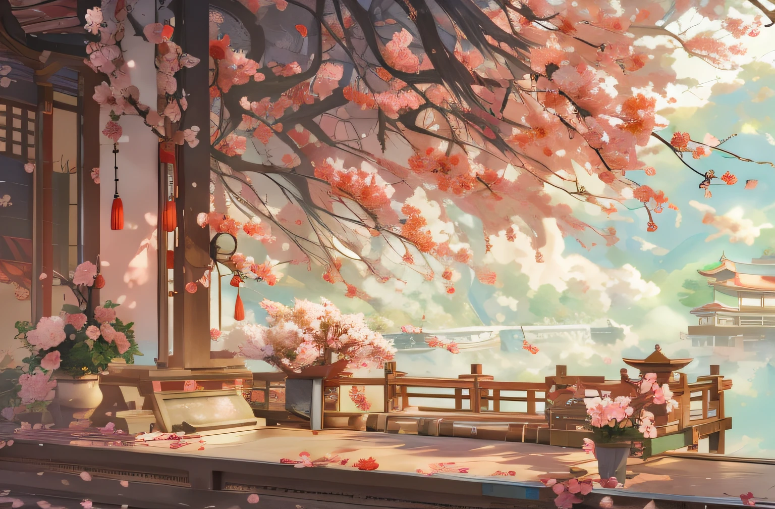 Draw a Japanese-style garden,A big cherry blossom tree, anime beautiful peace scene, landscape artwork, ross tran. scenery background, Anime art wallpaper 4 K, Anime art wallpaper 4k, anime backgrounds, beautiful anime scenes, Anime art wallpaper 8 K, Anime background art, beautiful anime scenery, trending on cgstation, Anime landscapes, by Yang J, Anime wallpaper 4 k