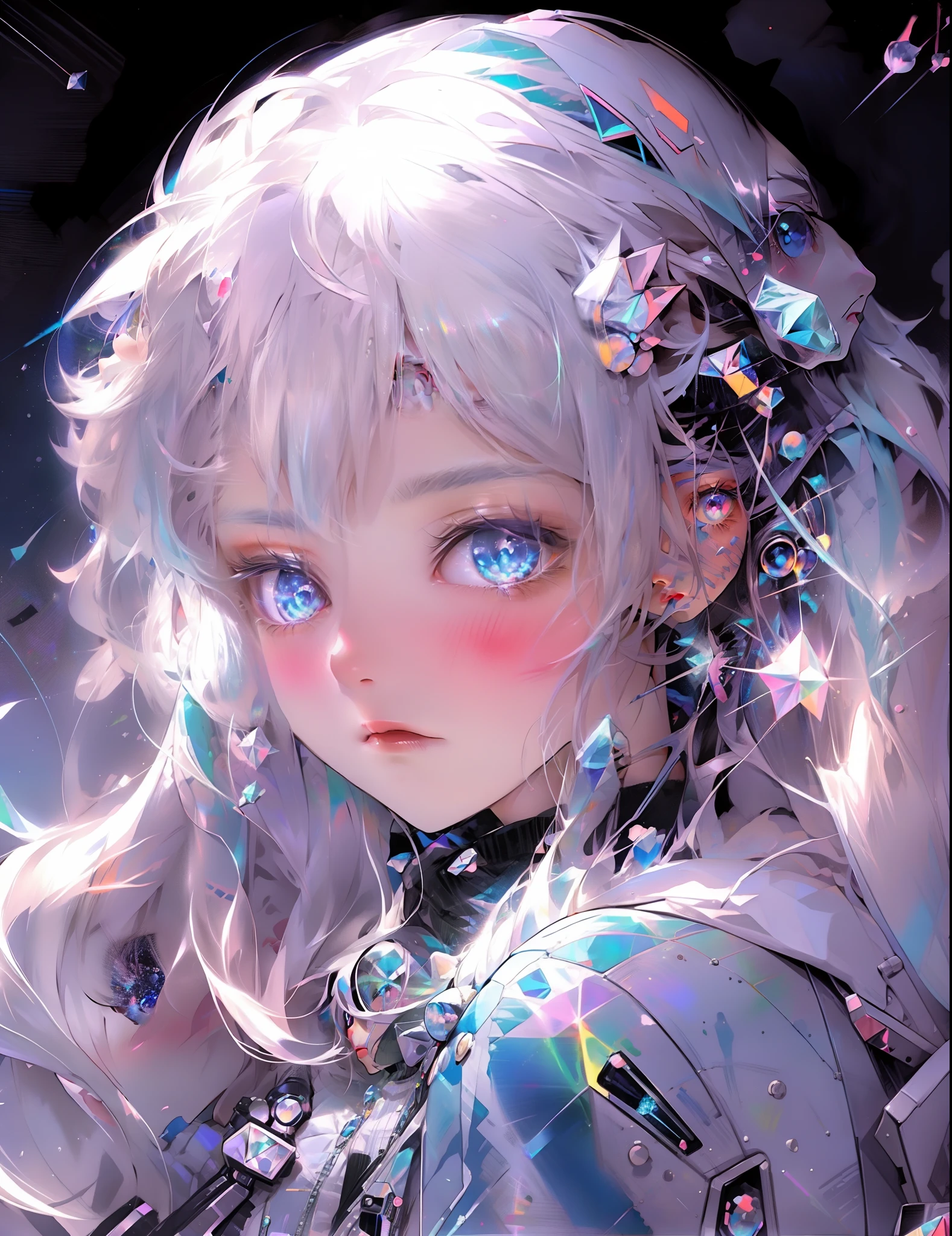 silver hair and body, cute tabby cat, anime stye badass girl, cute but powerful, whymsical, space themed, retro, cosmic, cat, futuristic, not on planet earth. Anime beauty, in the style of iridescent,colorful, crystalcore, colorful animations,silver and blue, aurorapunk, beautiful crystalcore. --s 400 --ar 3:4 ,nijistyle