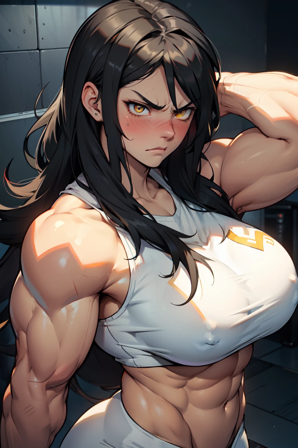 girl huge breasts bodybuilder muscular toned body pale skin black hair very long hair yellow eyes angry (blushing embarrassed)