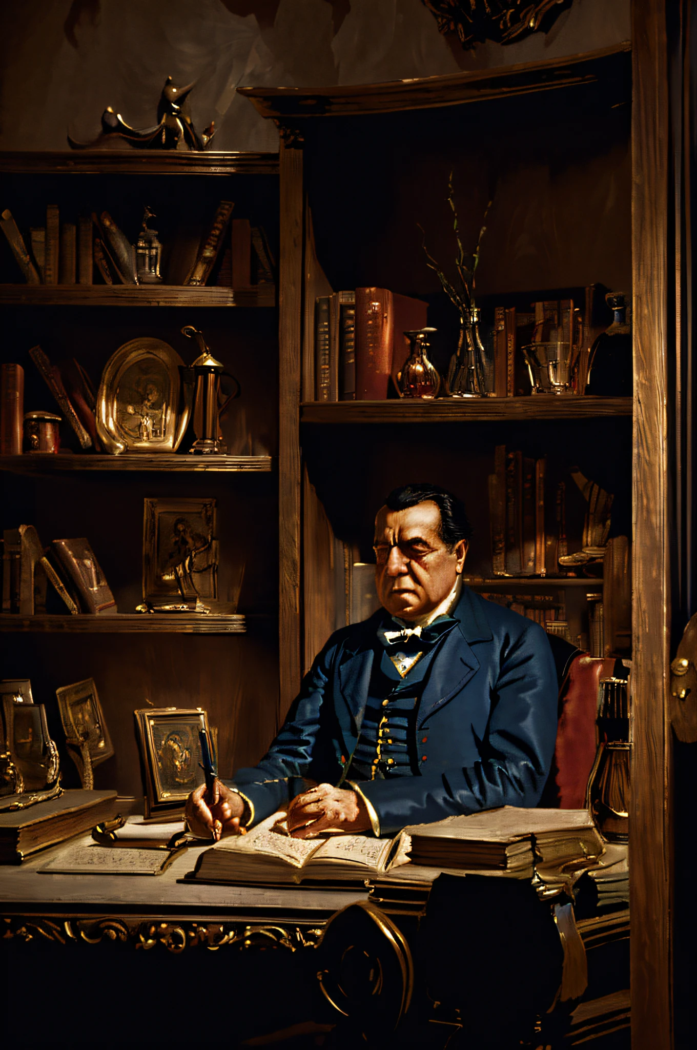 (Ultra photo realsisim, Intricate, epic cinematic scenery),("Create a photorealistic portrait of Washington Irving, the celebrated American author, in the early 19th century. Irving is seated at his writing desk, quill in hand, and an inkwell before him. His study is bathed in soft, diffused light, with shelves filled with books and manuscripts. The room exudes the ambiance of a scholar's retreat. Washington Irving's expression should capture the essence of a literary figure who penned enduring tales like 'The Legend of Sleepy Hollow' and 'Rip Van Winkle,' evoking a sense of creativity, imagination, and the timeless magic of storytelling." This photorealistic prompt aims to bring to life the iconic author Washington Irving in a scene that reflects his literary legacy and the charm of his era.) , (Intricate, A lot of small details, Amazing lighting, stunning environment), (Colorful, Ultra photo realsisim, High quality, Highly detailed, Sharp focus, 8K UHD, ultra-realistic realism), crowd of people at the market