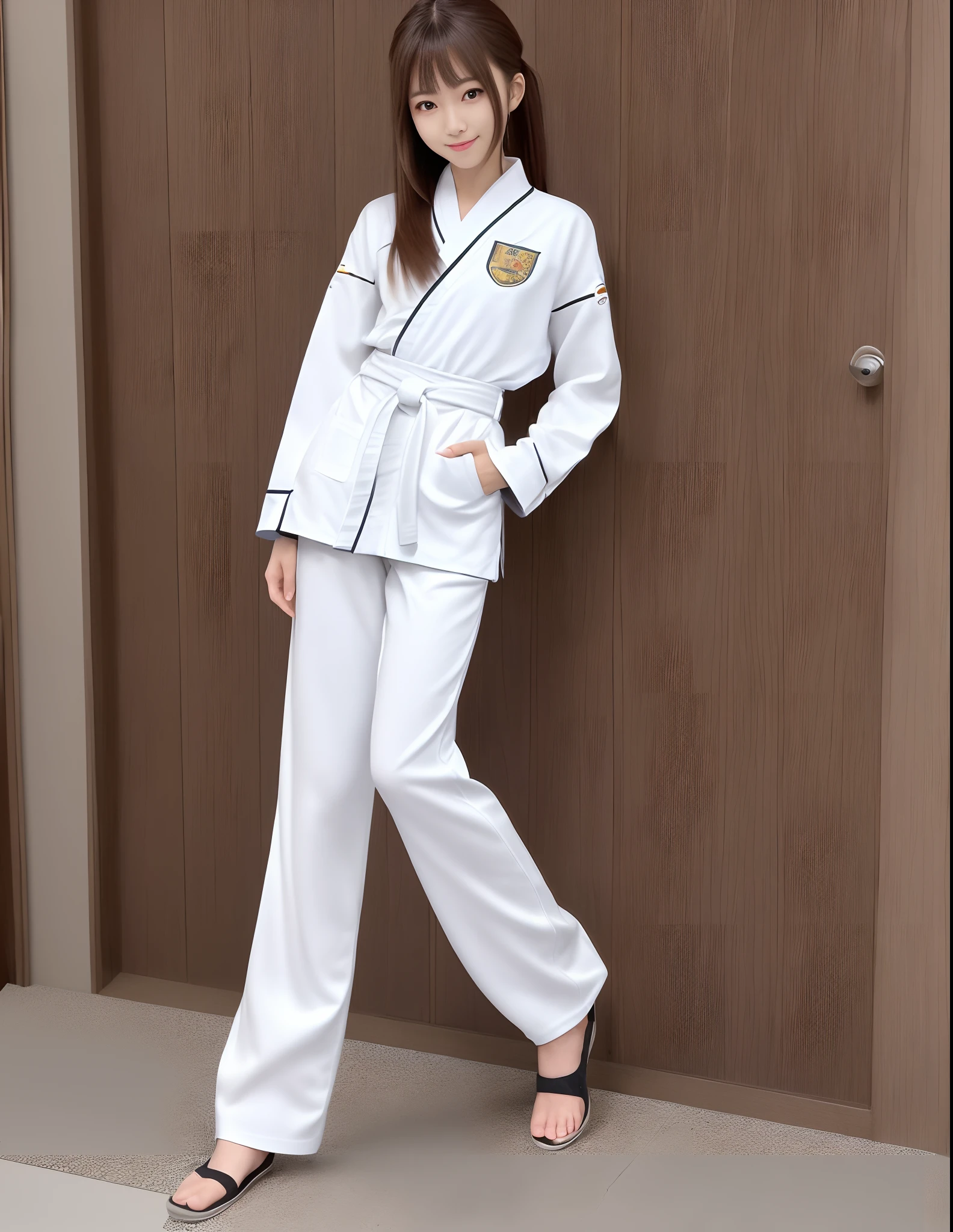 (Photorealsitic)(sixteen years old), Perfectly beautiful woman, (Full body 8K portrait), Stick out your fist, Large and dynamic hand and foot movements, Correct skeleton, White Karate Uniform, White karate pants, Large bust,Stand alone, Perfect facial detail, (Smile: 1.15), attractive beautiful face, gazing at viewer, a small face, 二重まぶた, Beautiful detailed eyes, long eyeslashes, ligh brown hair, poneyTail, Toned waist, Beautiful thin legs, toned ankles, bare-legged ,TOKYOcty