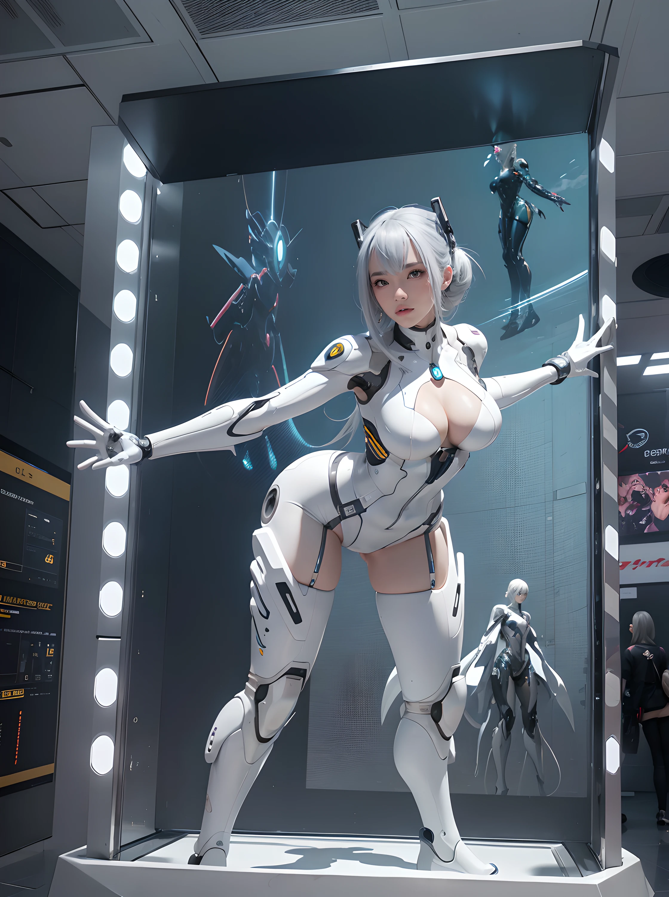 Woman in futuristic costume, Standing on the edge of the roof, cyborg - girl with silver hair, gynoid cyborg body, Anime Cyborg, perfect anime cyborg woman, biomechanical oppai, bent over (Posing on the display:1.4), Anime character; full body art, beutiful white girl cyborg, cybersuits, gynoid body, cyborg girl, cyberpunk bodysuit