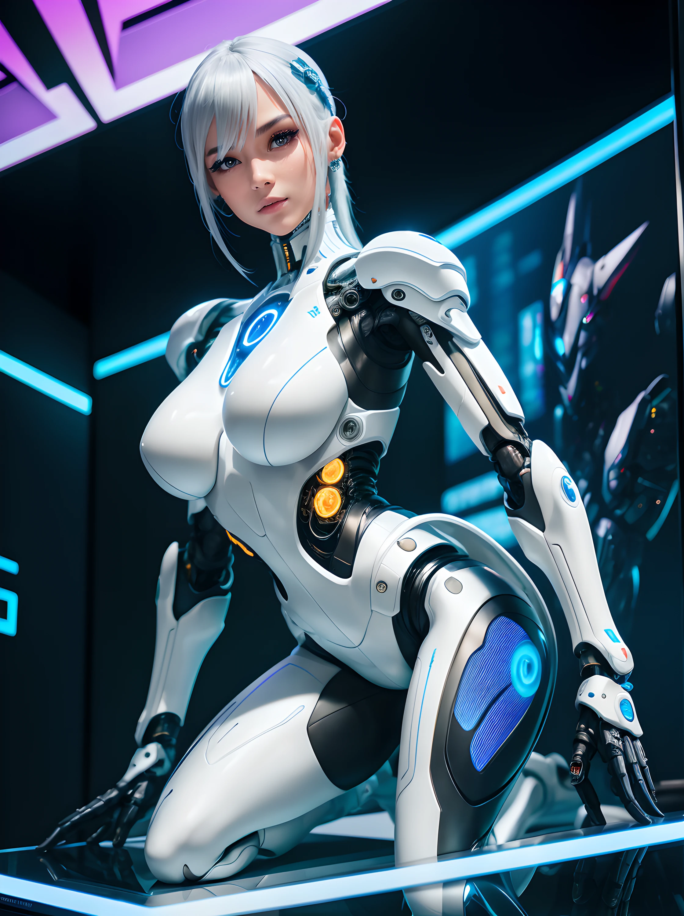 Woman in futuristic costume, Standing on the edge of the roof, cyborg - girl with silver hair, gynoid cyborg body, Anime Cyborg, perfect anime cyborg woman, biomechanical oppai, bent over (Posing on the display:1.4), Anime character; full body art, beutiful white girl cyborg, cybersuits, gynoid body, cyborg girl, cyberpunk bodysuit, (intricate details:0.9), (hdr, hyperdetailed:1.2), (natural skin texture, hyperrealism, soft light, sharp)
